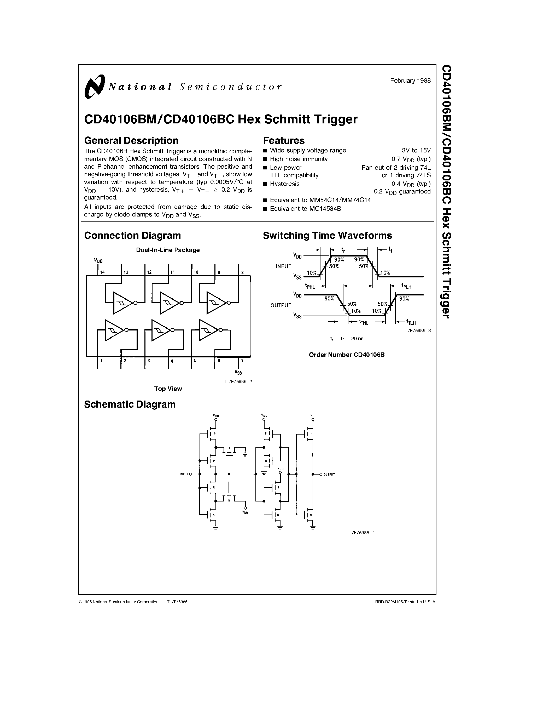 Даташит CD40106BMJ - Hex Schmitt Trigger страница 1