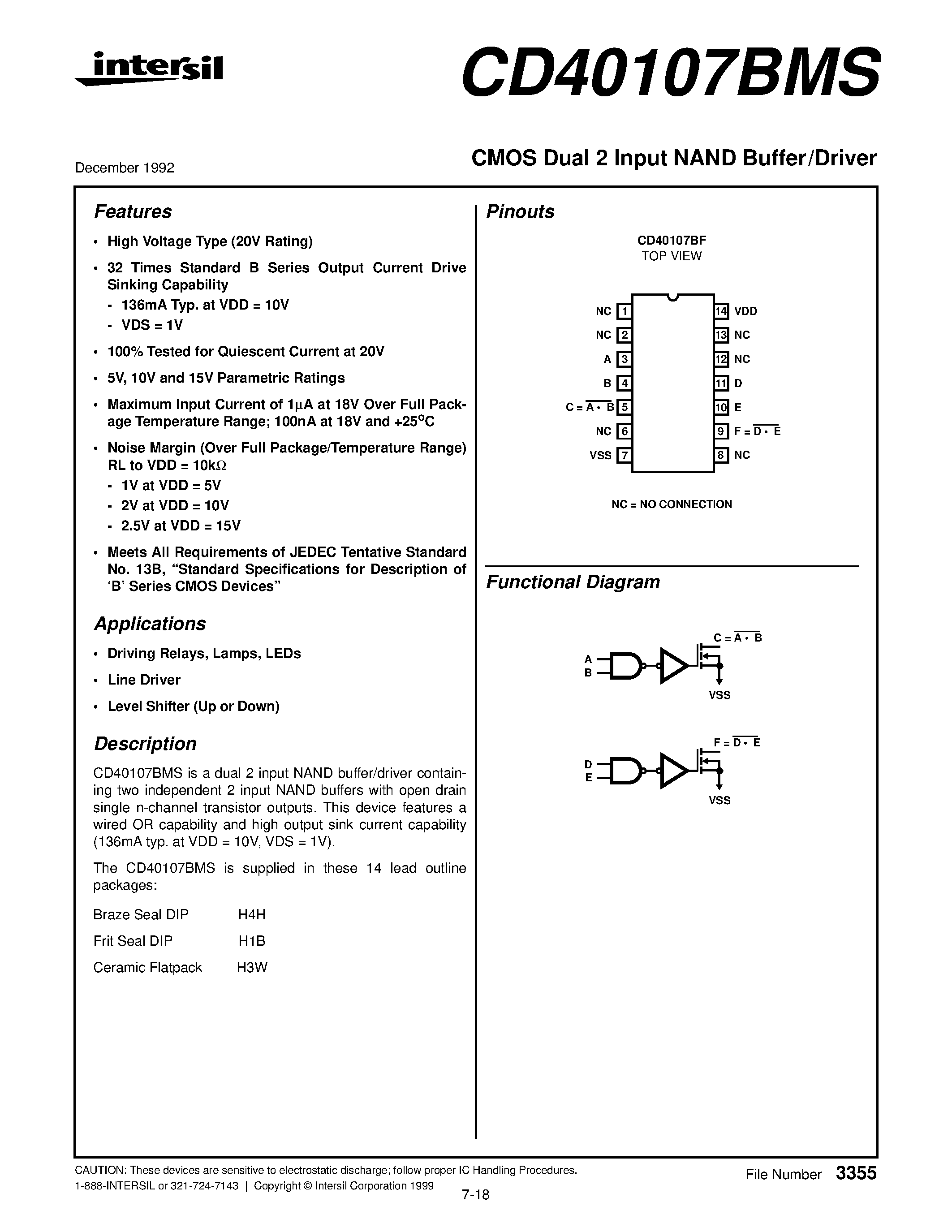 Datasheet CD40107 - CMOS Dual 2 Input NAND Buffer/Driver page 1