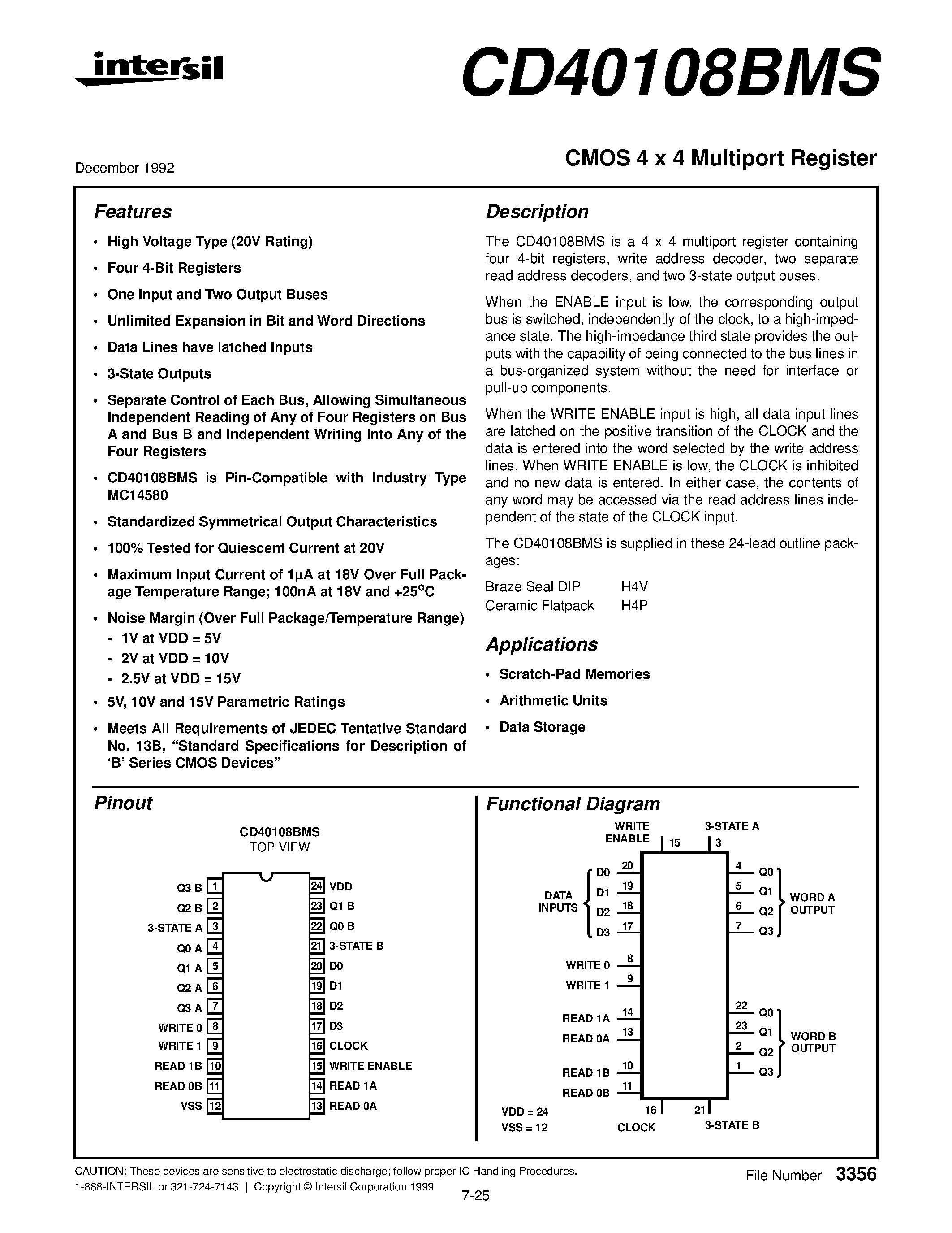 Datasheet CD40108 - CMOS 4 x 4 Multiport Register page 1