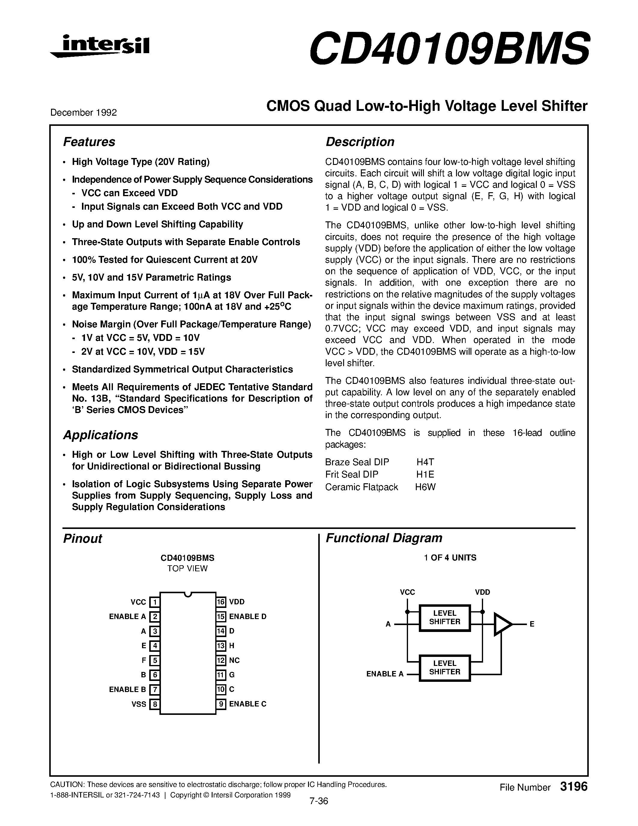 Datasheet CD40109BMS - CMOS Quad Low-to-High Voltage Level Shifter page 1