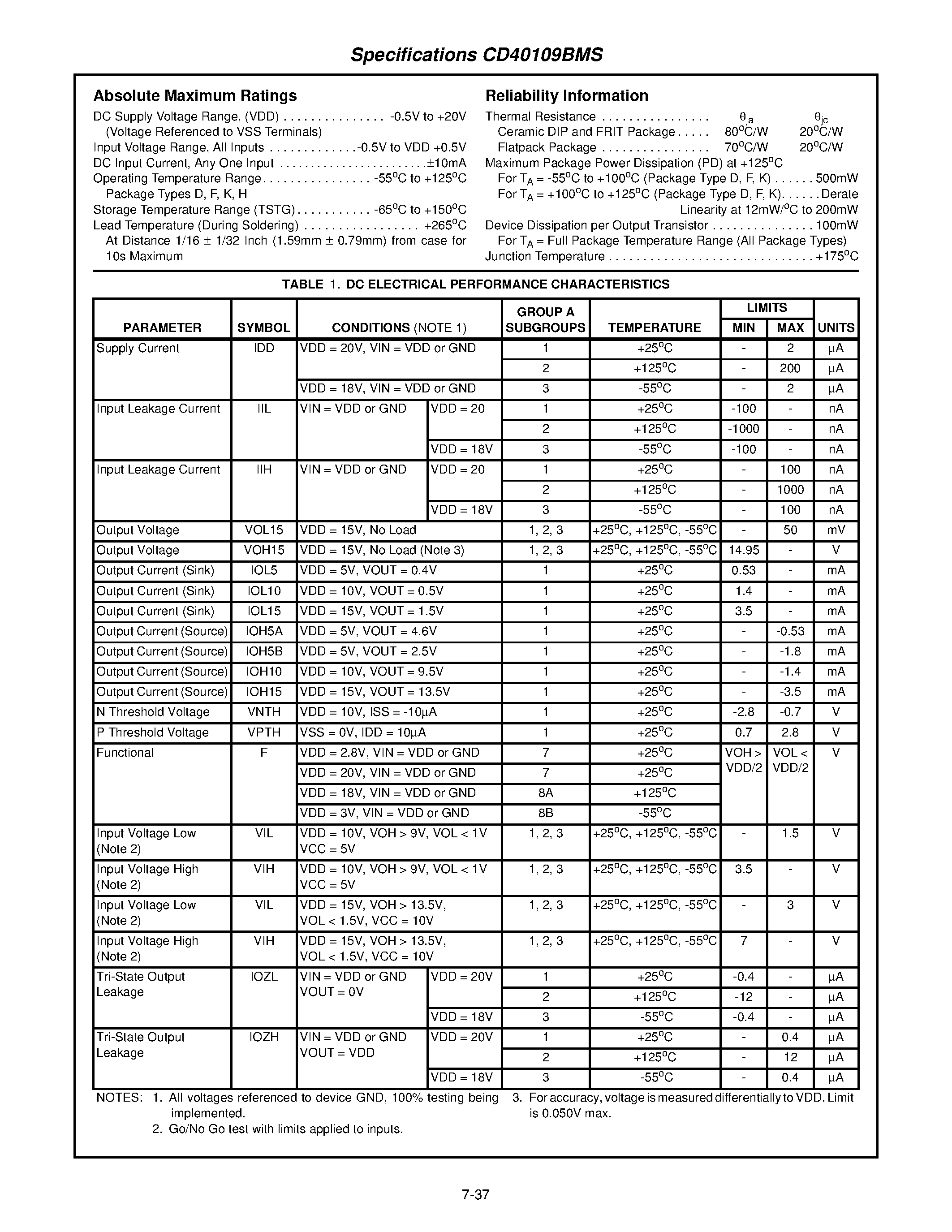 Datasheet CD40109BMS - CMOS Quad Low-to-High Voltage Level Shifter page 2