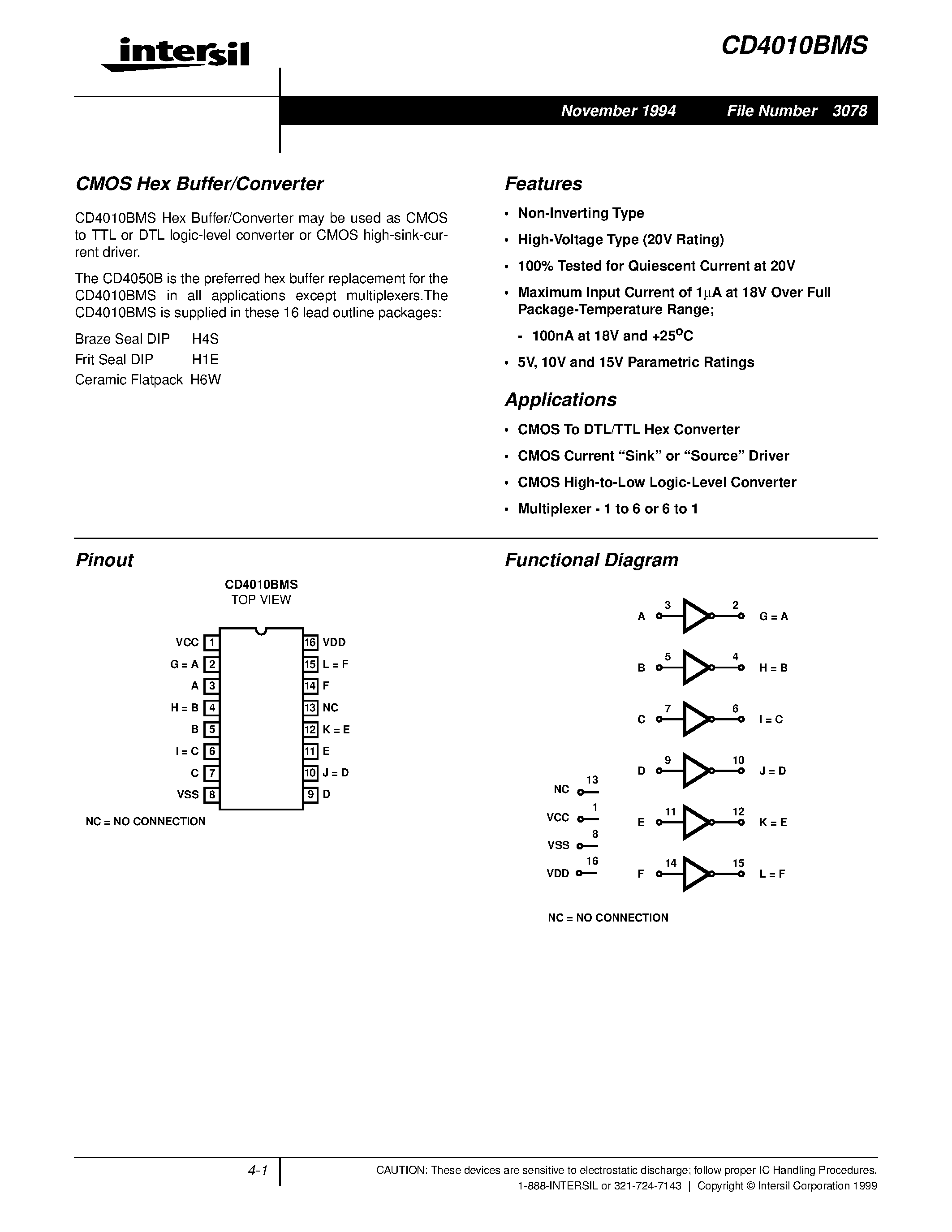 Datasheet CD4010BMS - CMOS Hex Buffer/Converter page 1