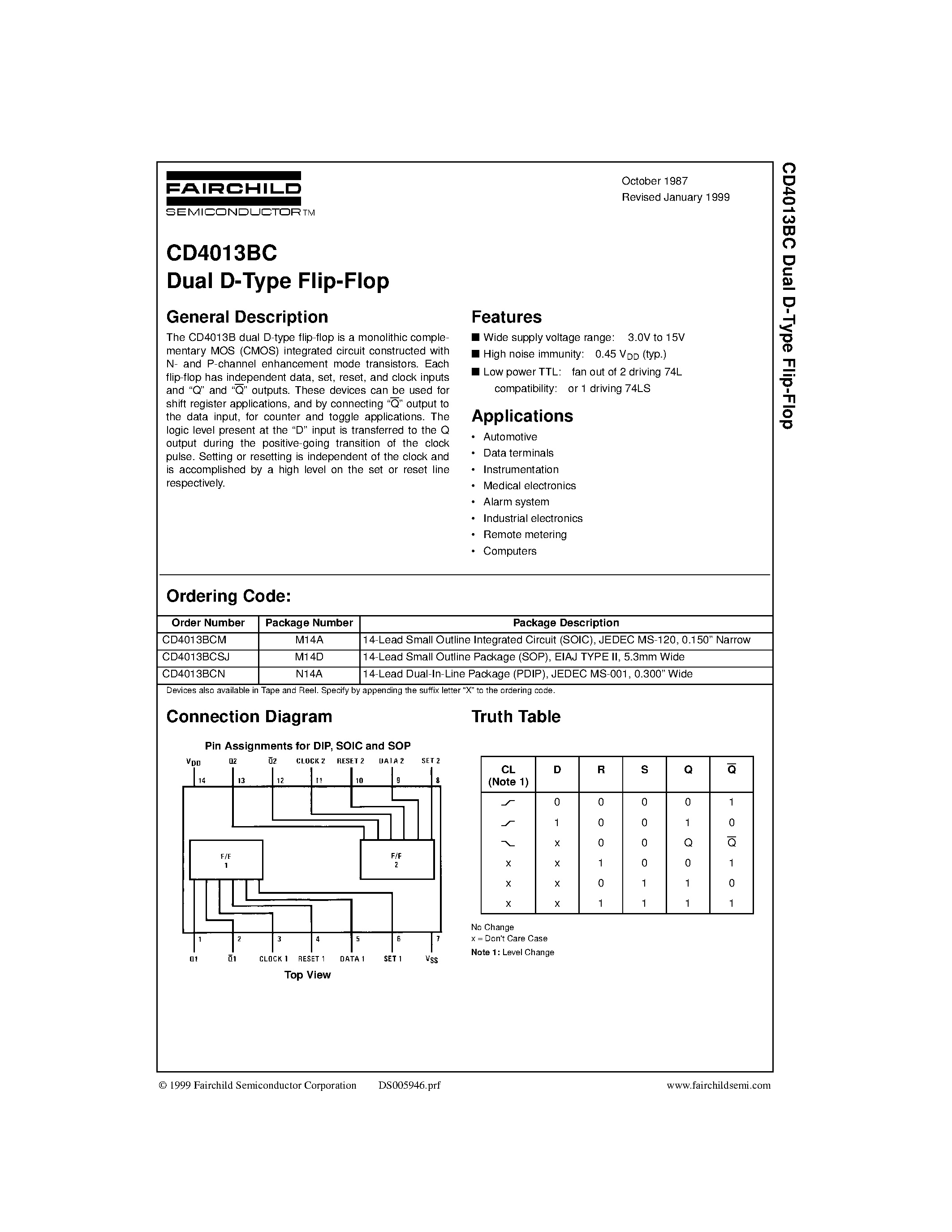 Datasheet CD4013 - Dual D-Type Flip-Flop page 1