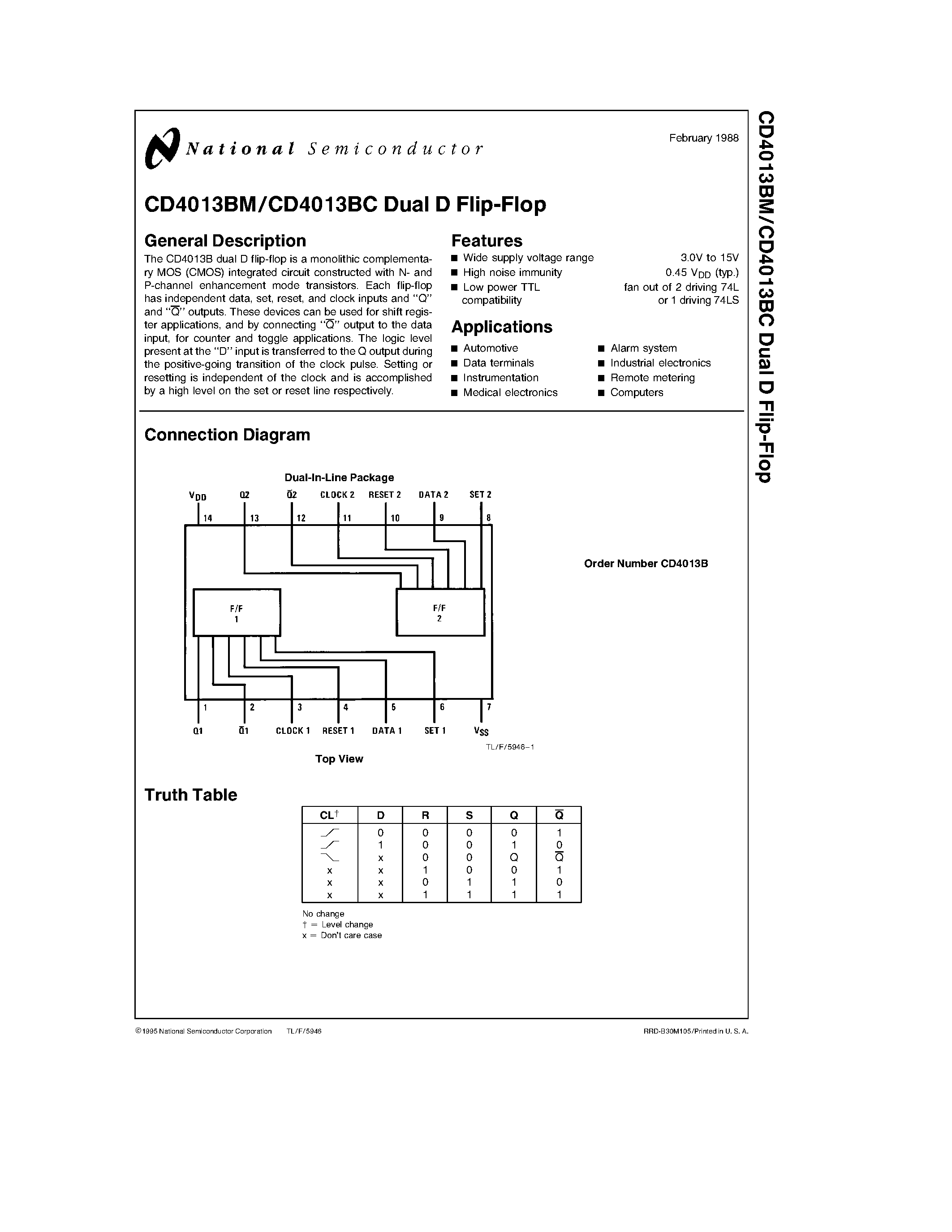 Datasheet CD4013BCJ - Dual D Flip-Flop page 1