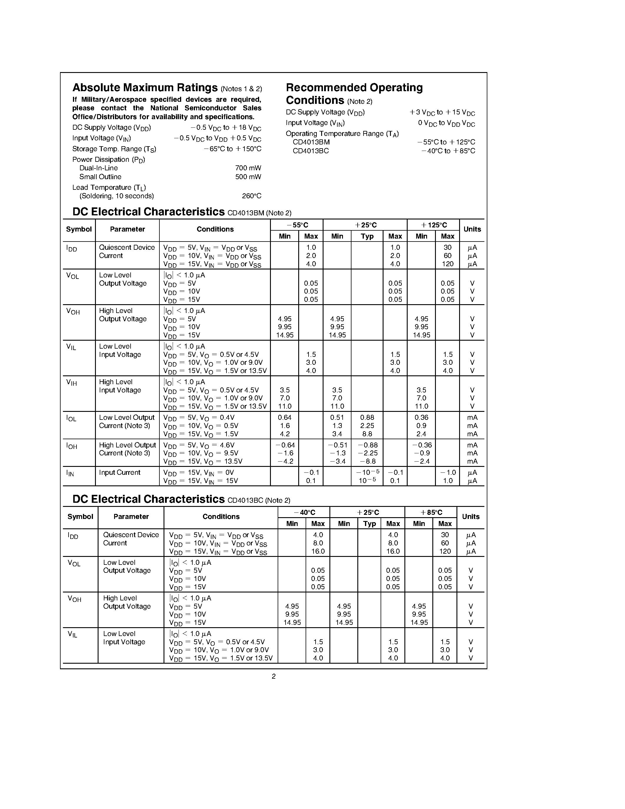 Datasheet CD4013BCJ - Dual D Flip-Flop page 2