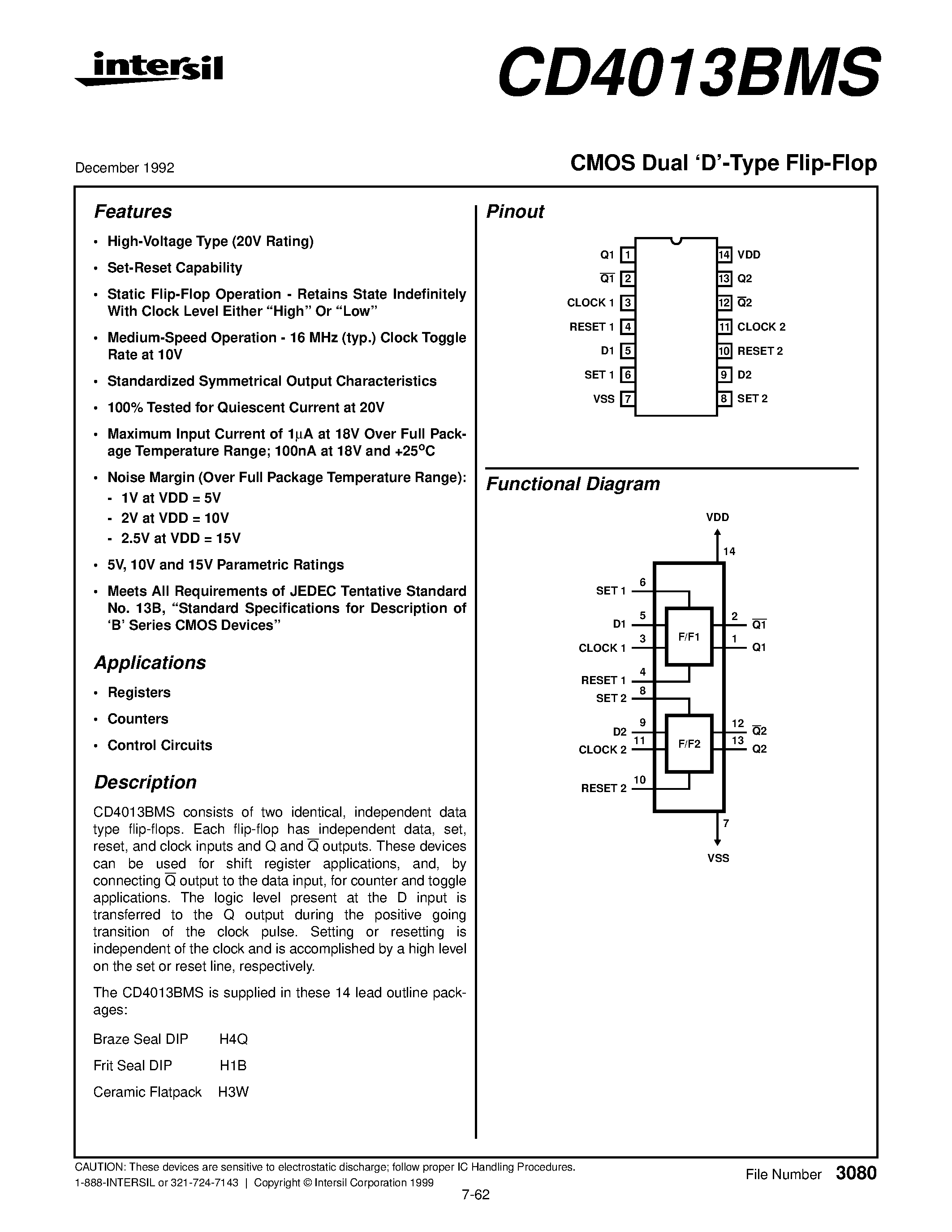 Datasheet CD4013BMS - CMOS Dual D-Type Flip-Flop page 1