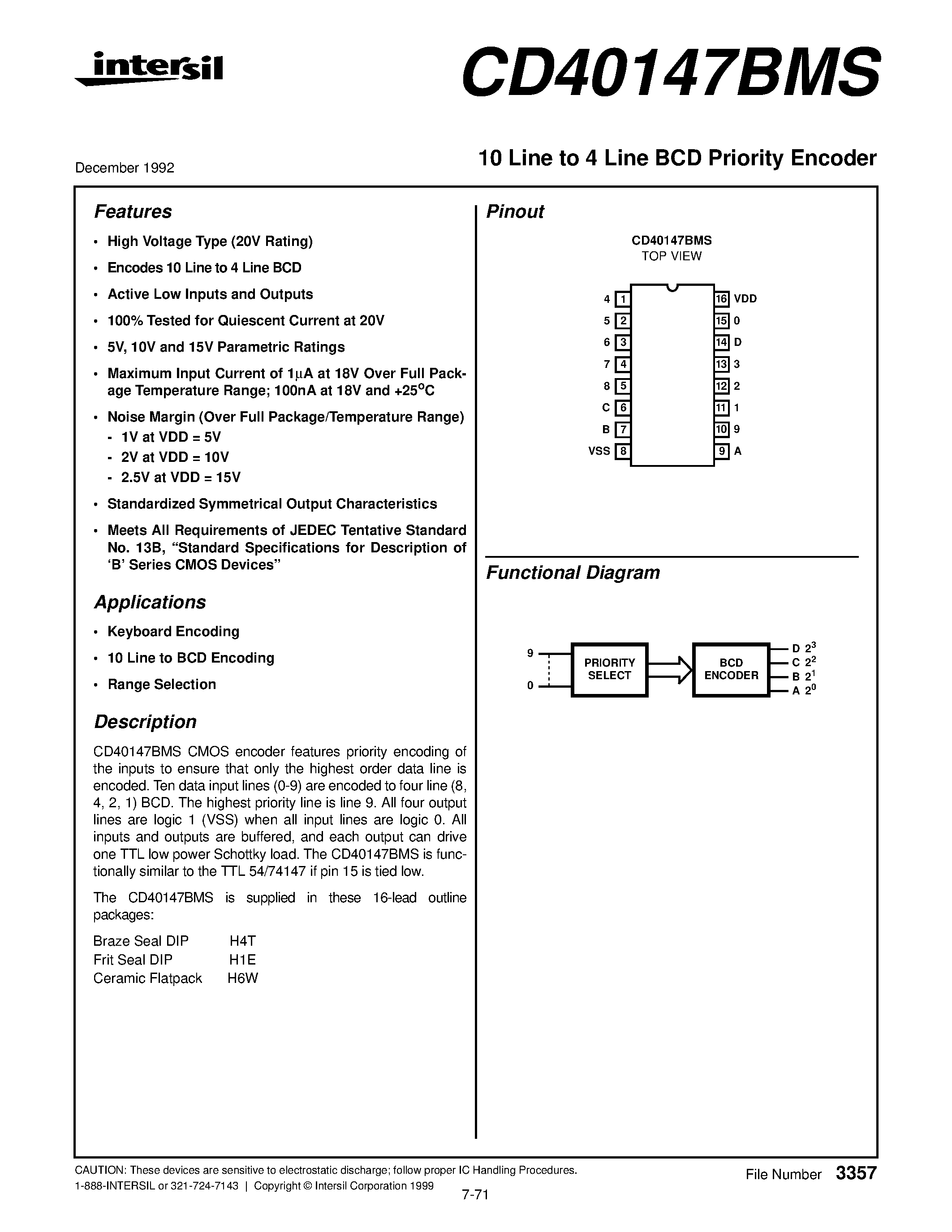 Datasheet CD4014 - 10 Line to 4 Line BCD Priority Encoder page 1