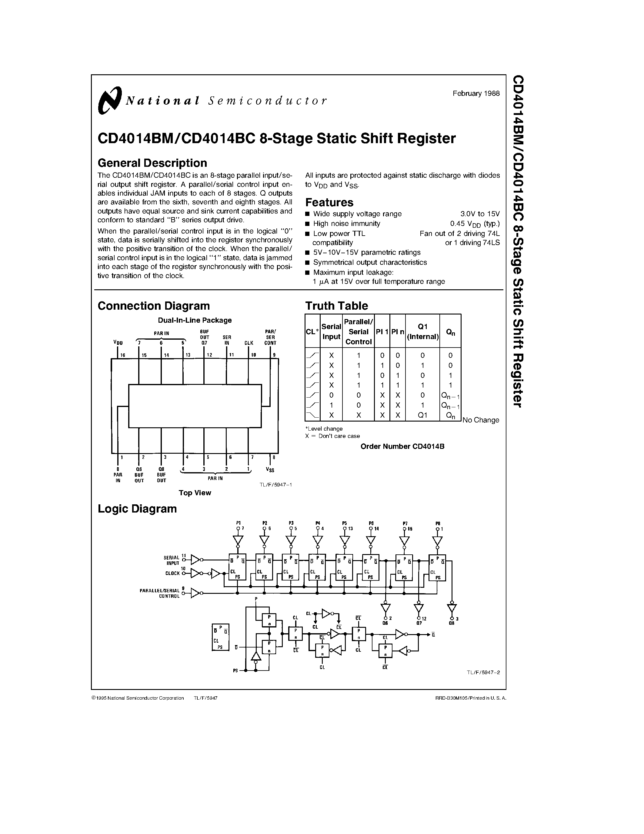 Datasheet CD4014 - 8-Stage Static Shift Register page 1