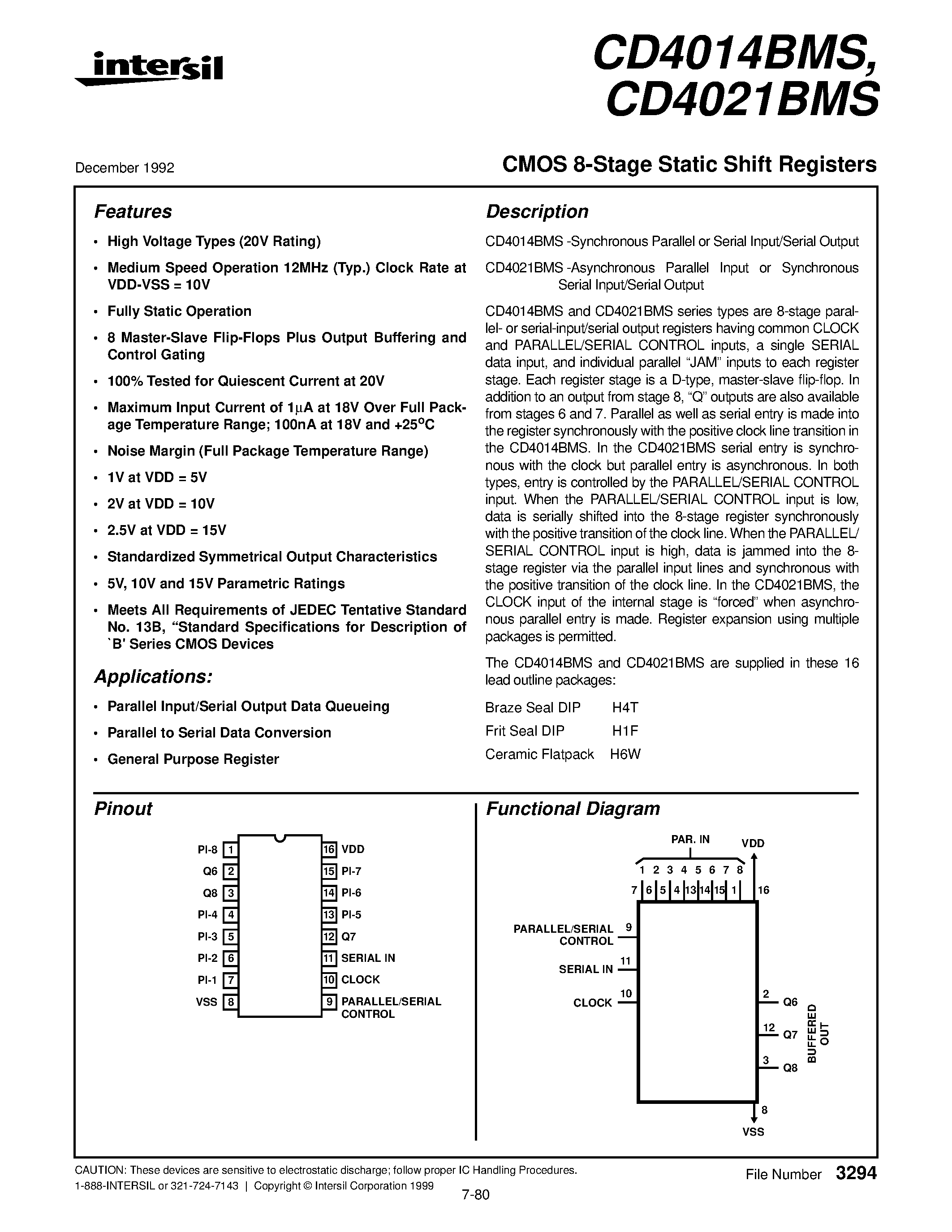 Datasheet CD4014BMS - CMOS 8-Stage Static Shift Registers page 1