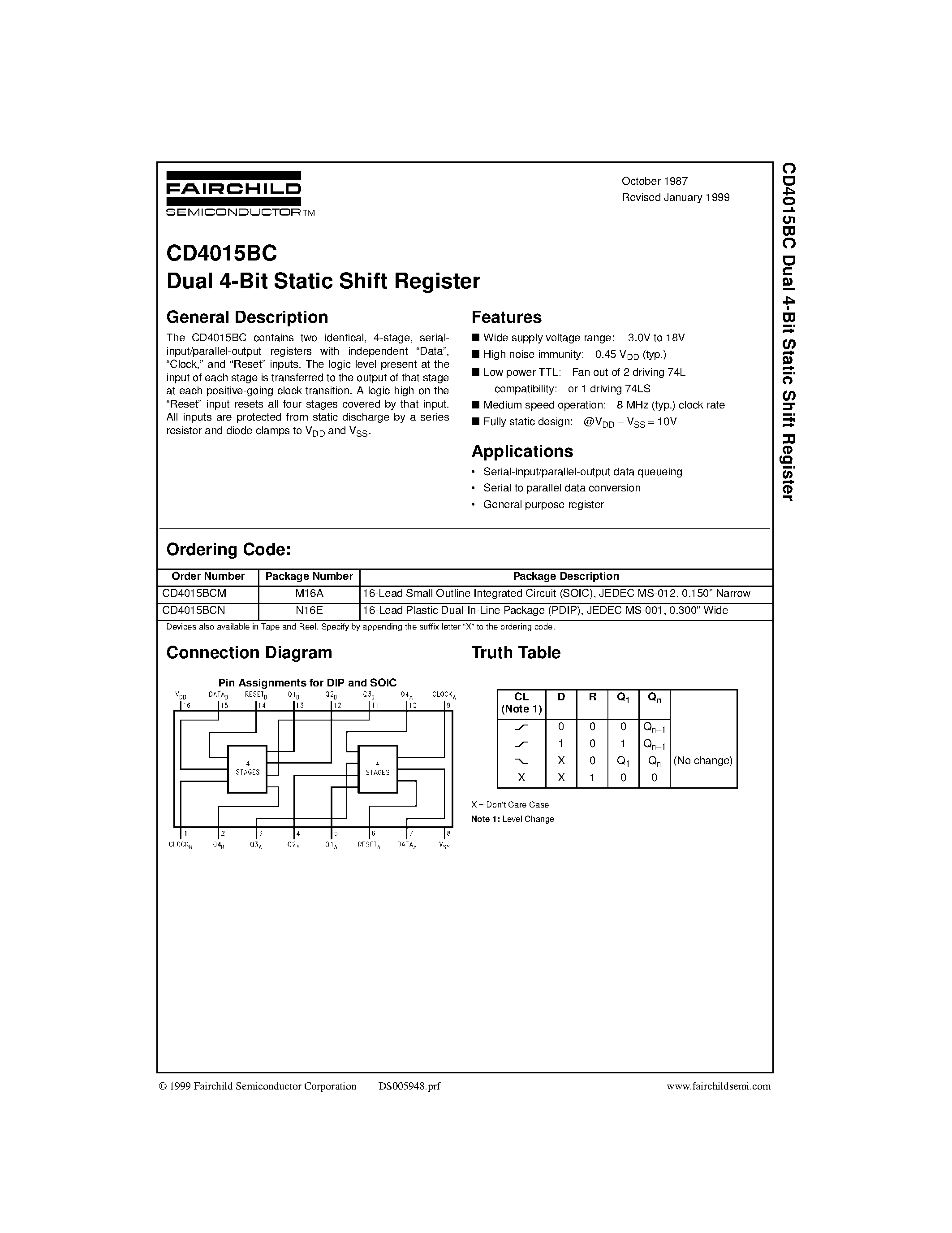 Datasheet CD4015 - Dual 4-Bit Static Shift Register page 1