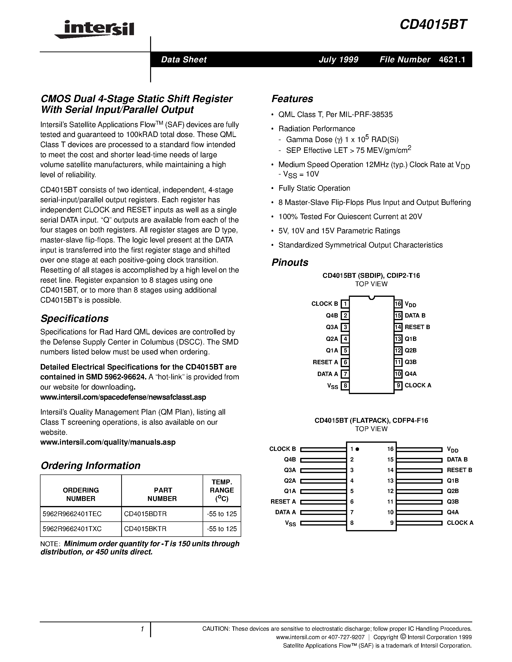 Datasheet CD4015 - CMOS Dual 4-Stage Static Shift Register With Serial Input/Parallel Output page 1