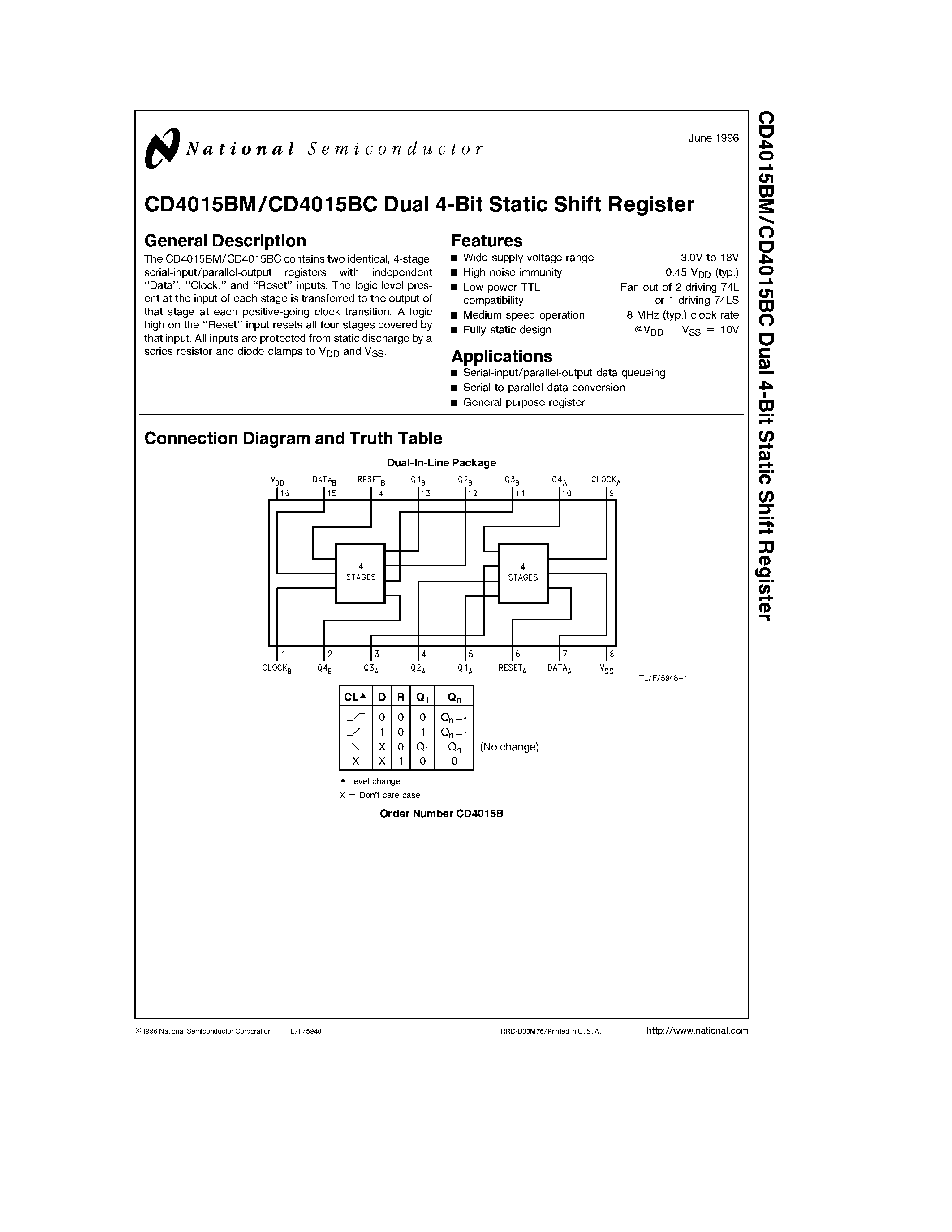 Datasheet CD4015 - Dual 4-Bit Static Shift Register page 1