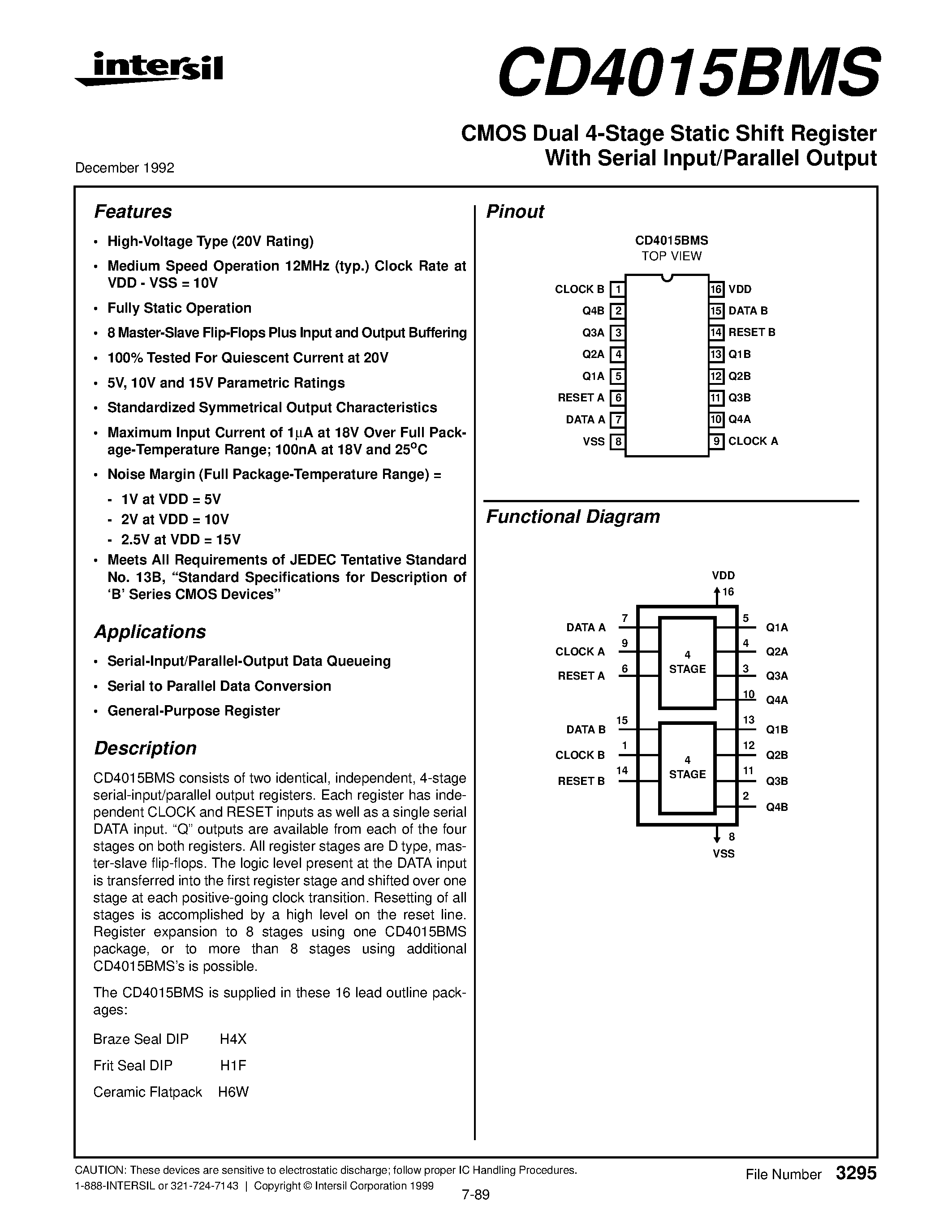 Datasheet CD4015BMS - CMOS Dual 4-Stage Static Shift Register With Serial Input/Parallel Output page 1