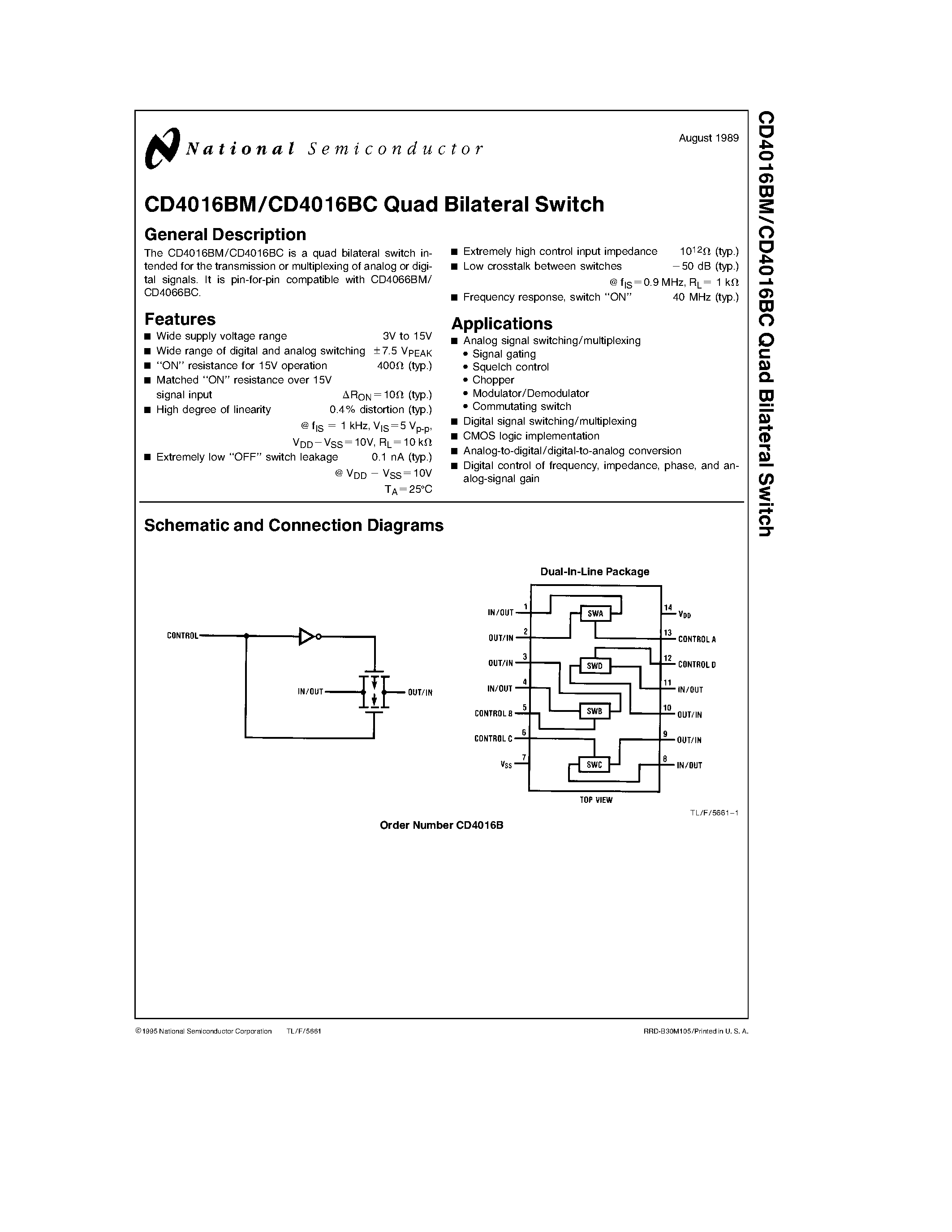 Datasheet CD4016 - Quad Bilateral Switch page 1