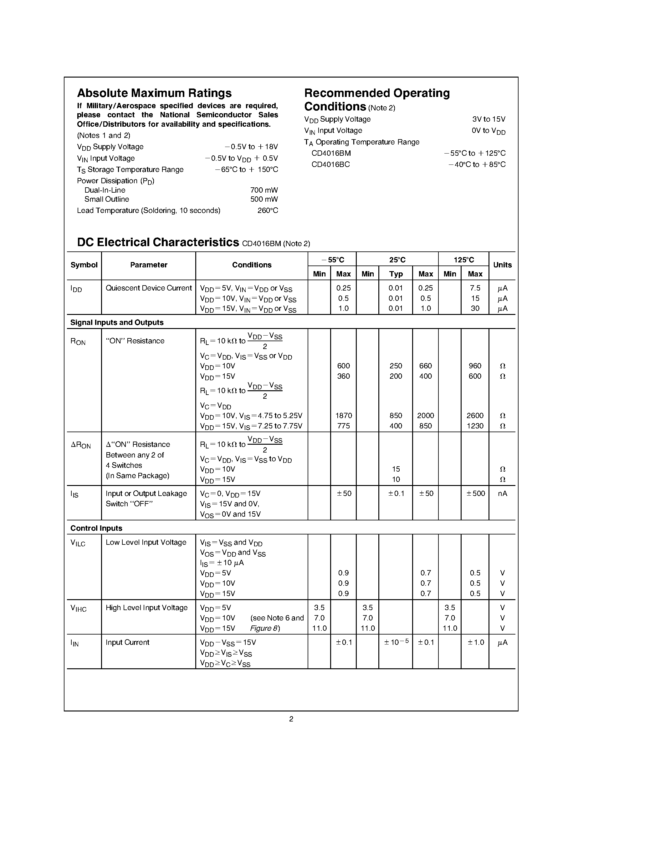 Datasheet CD4016 - Quad Bilateral Switch page 2