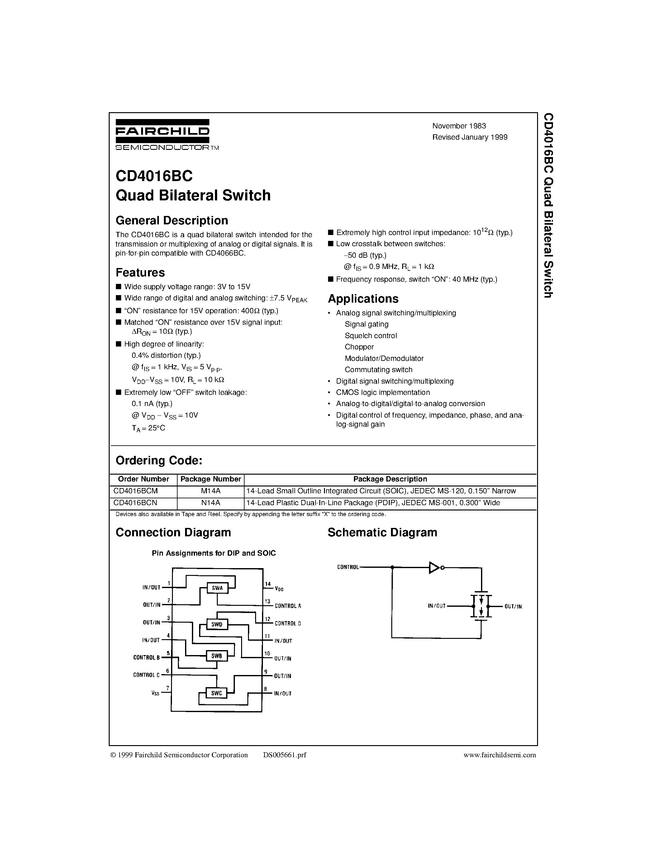 Datasheet CD4016 - Quad Bilateral Switch page 1