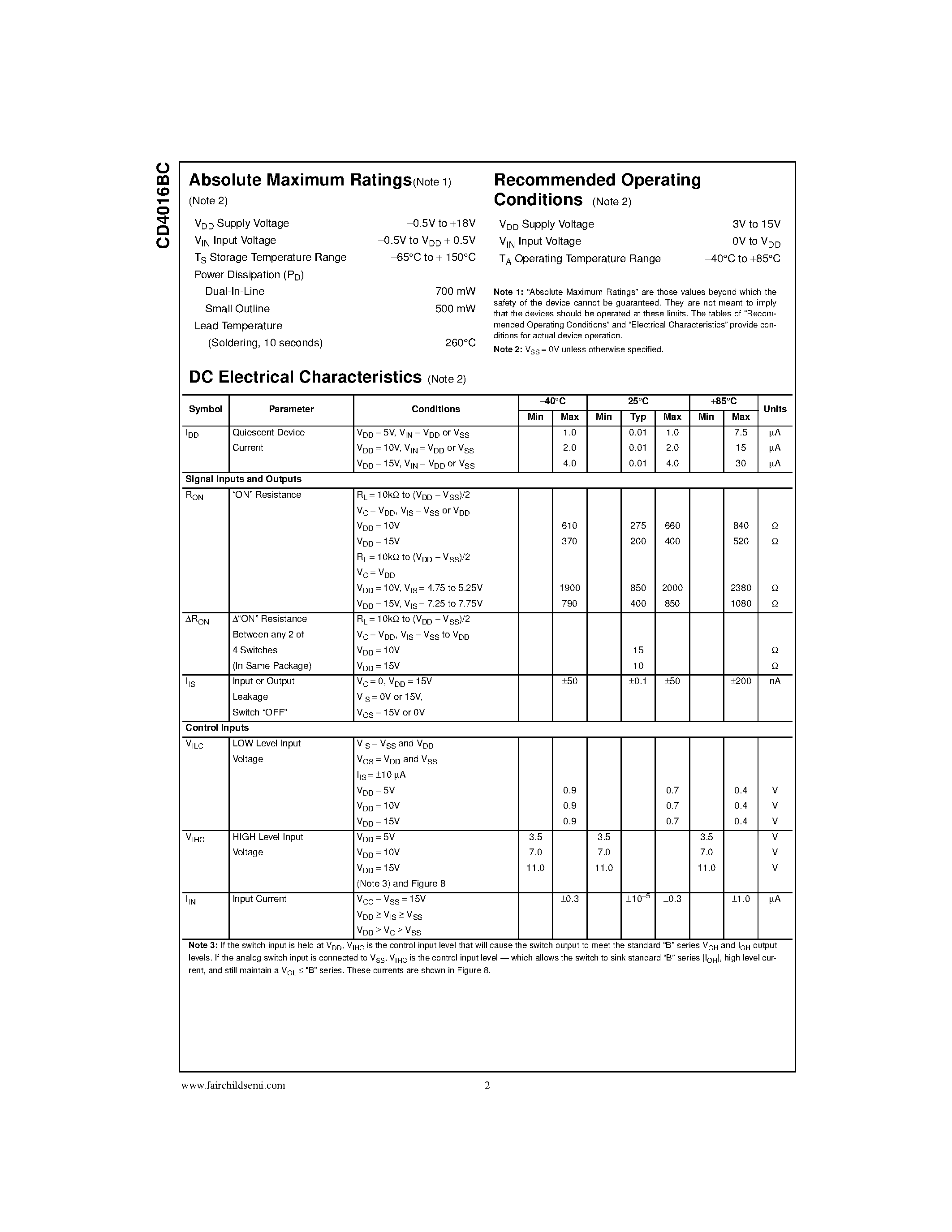 Datasheet CD4016 - Quad Bilateral Switch page 2