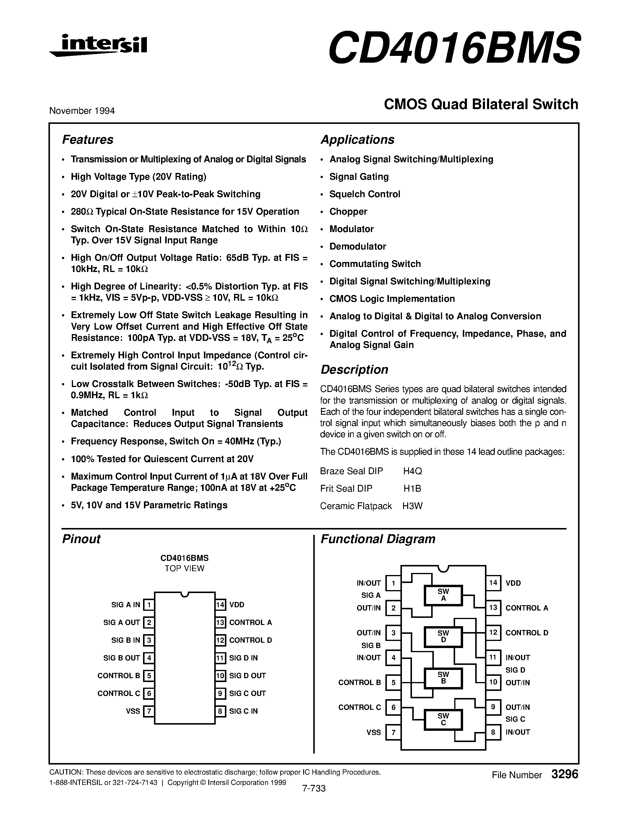 Datasheet CD4016BMS - CMOS Quad Bilateral Switch page 1