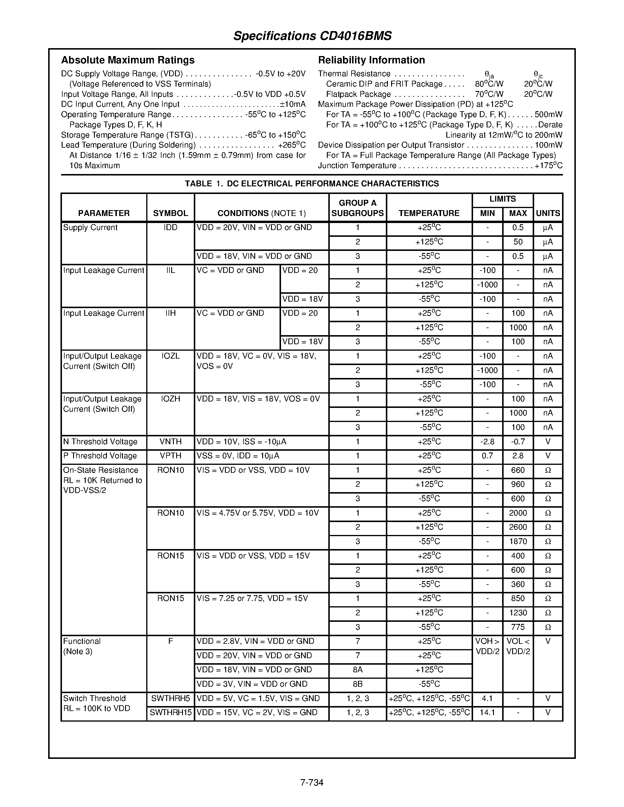 Datasheet CD4016BMS - CMOS Quad Bilateral Switch page 2