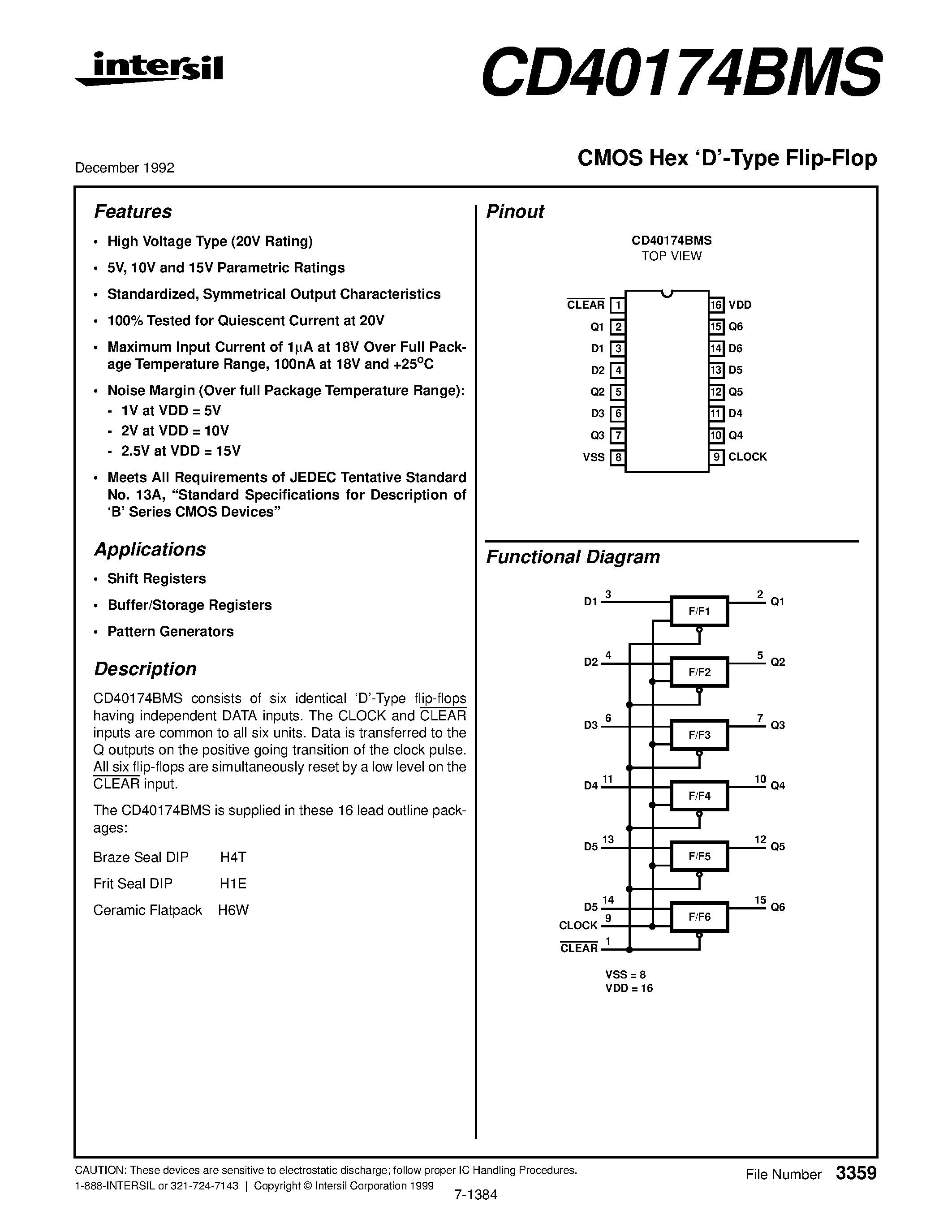 Datasheet CD40174BMS - CMOS Hex D-Type Flip-Flop page 1