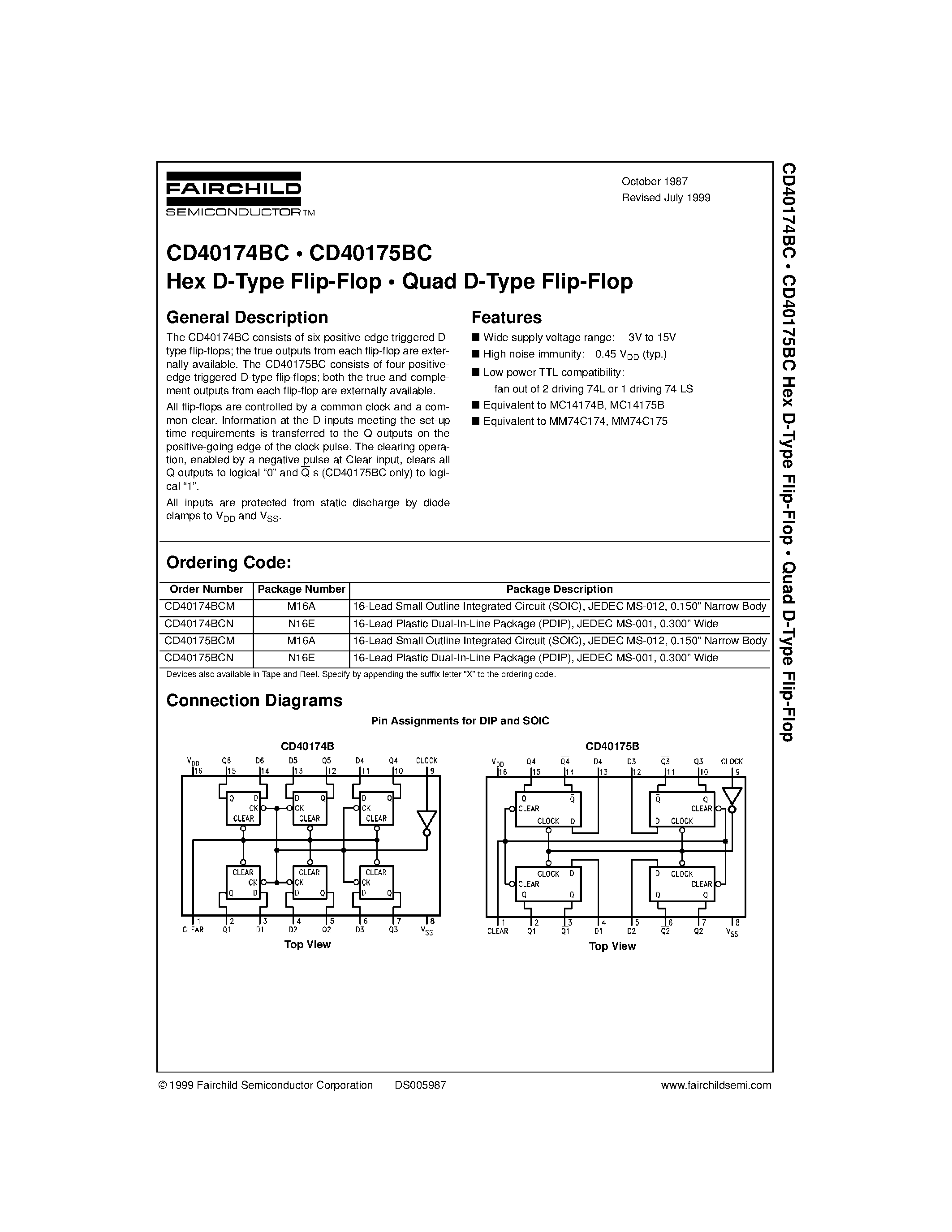 Datasheet CD40175BCN - Hex D-Type Flip-Flop Quad D-Type Flip-Flop page 1