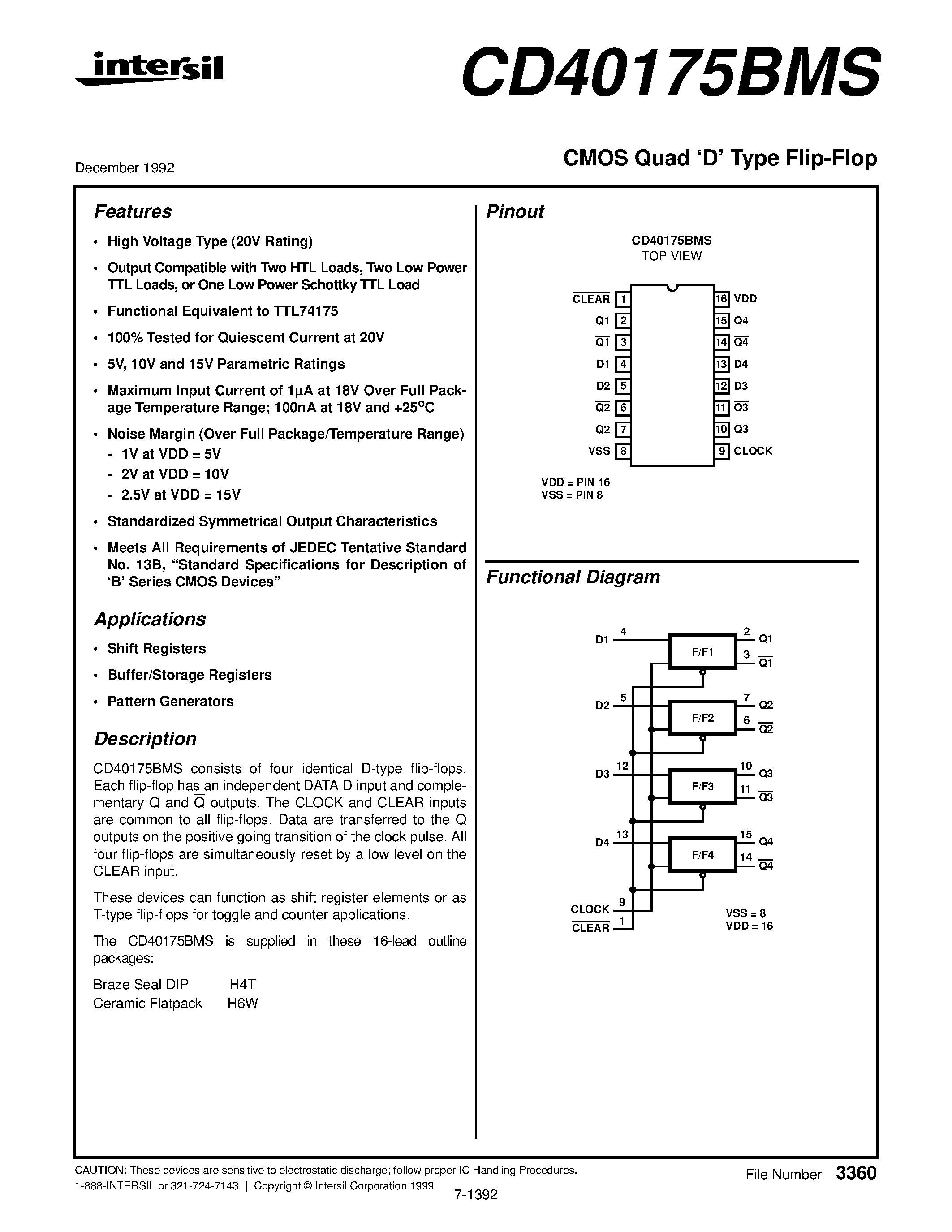 Datasheet CD40175BMS - CMOS Quad D Type Flip-Flop page 1