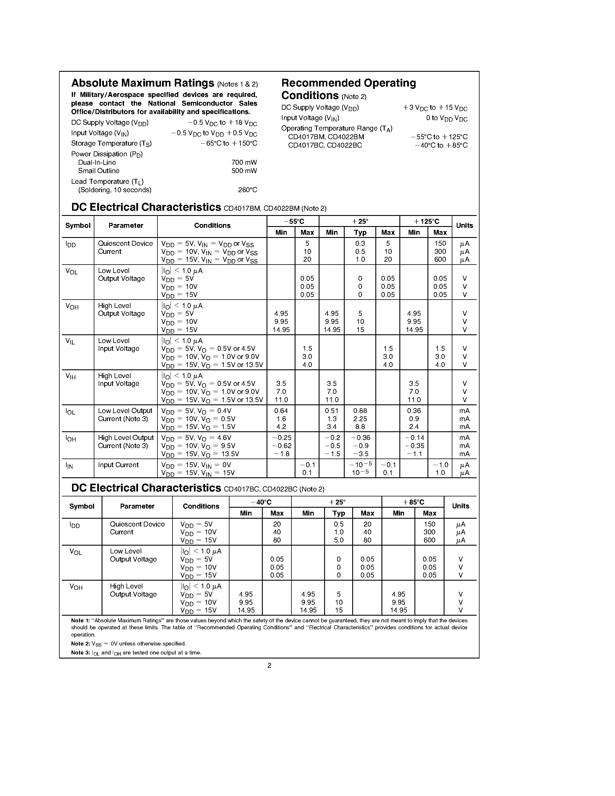 Datasheet CD4017BCJ - Decade Counter/Divider with 10 Decoded Outputs/ Divide-by-8 Counter/Divider with 8 Decoded Outputs page 2