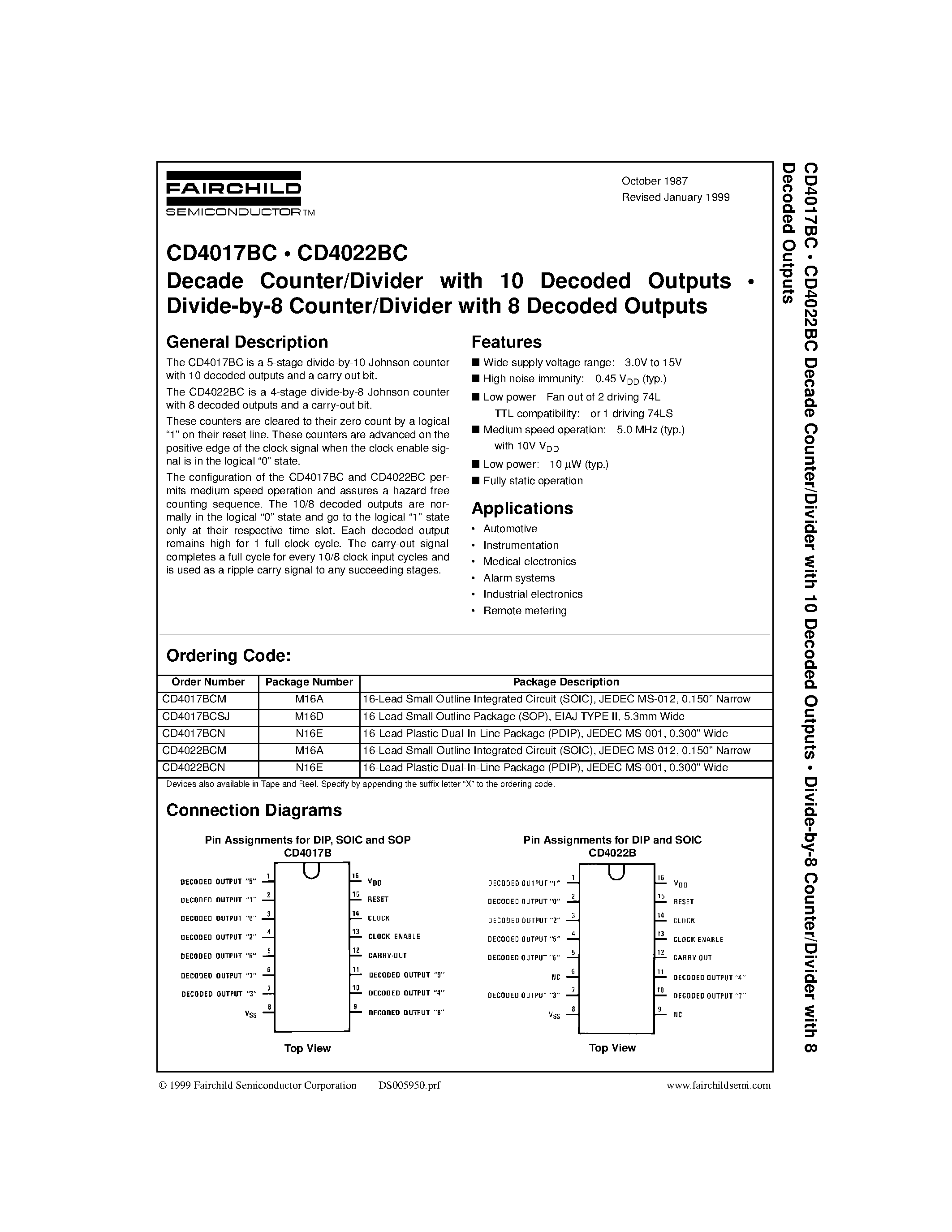 Datasheet CD4017BCM - Decade Counter/Divider with 10 Decoded Outputs . Divide-by-8 Counter/Divider with 8 Decoded Outputs page 1