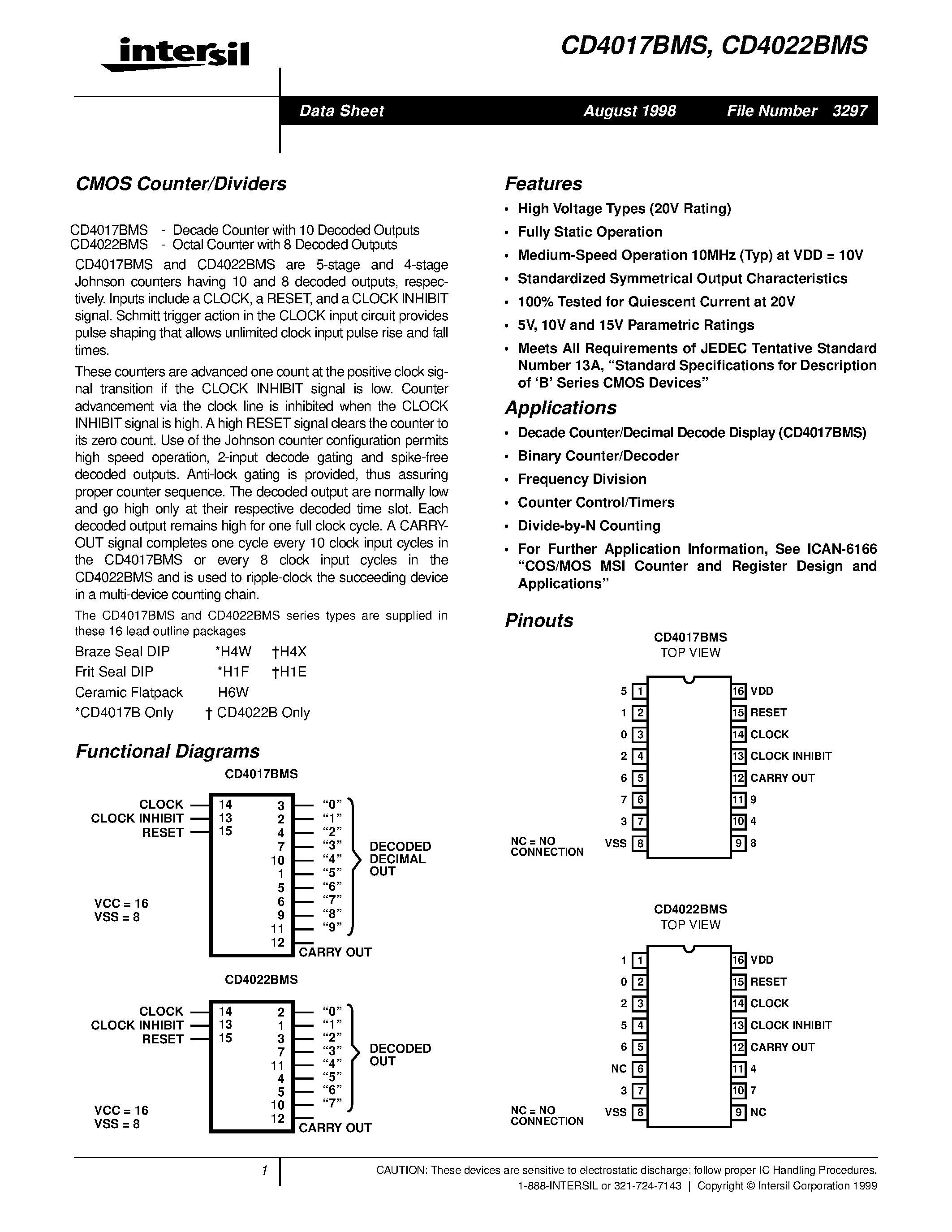 Datasheet CD4017BMS - CMOS Counter/Dividers page 1