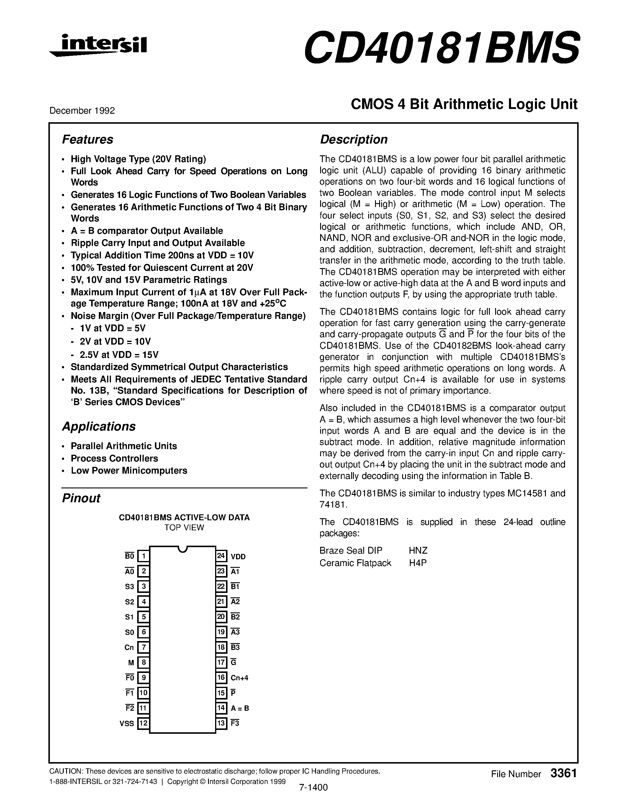 Datasheet CD4018 - CMOS Look-Ahead Carry Generator page 1