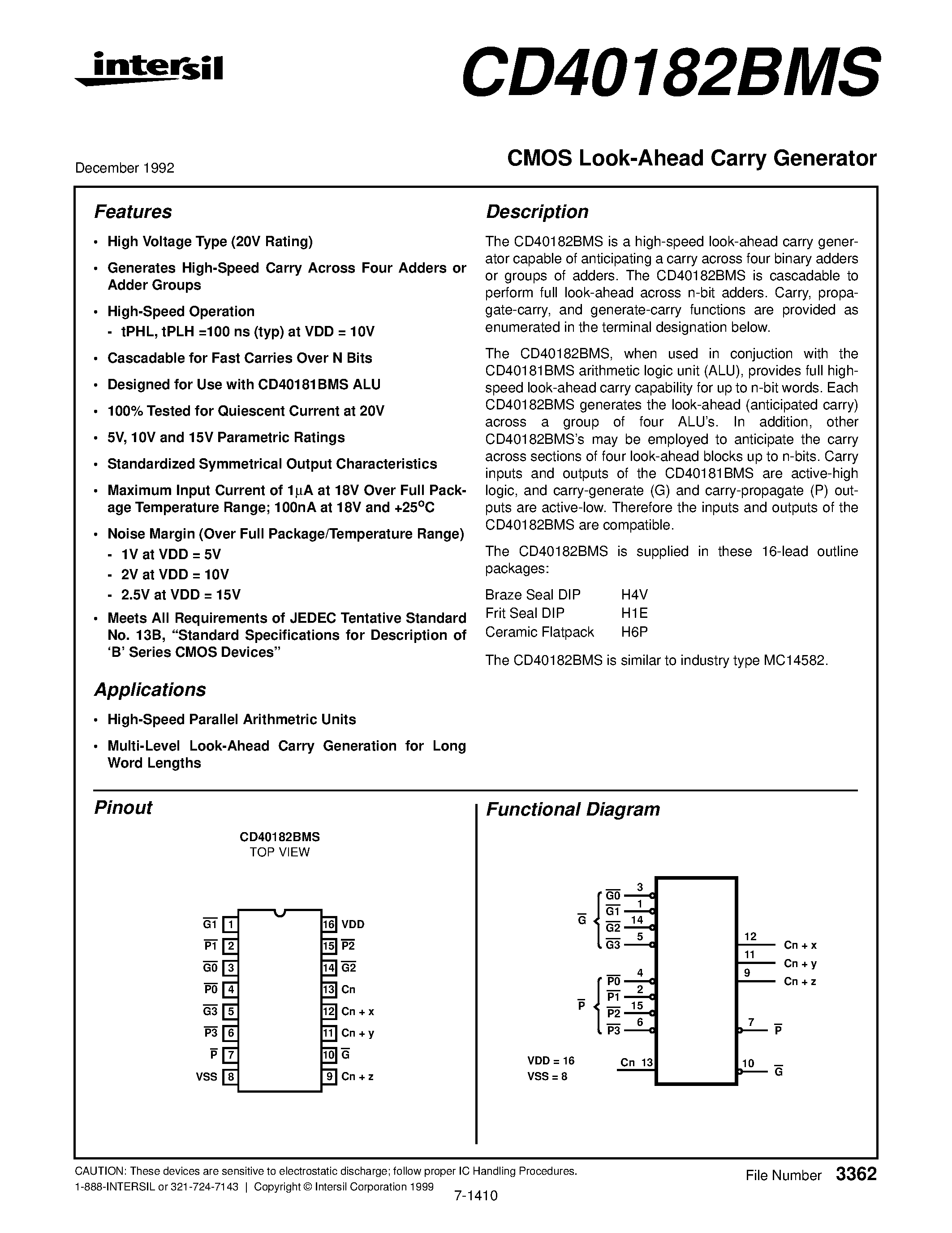 Datasheet CD40182 - CMOS Look-Ahead Carry Generator page 1