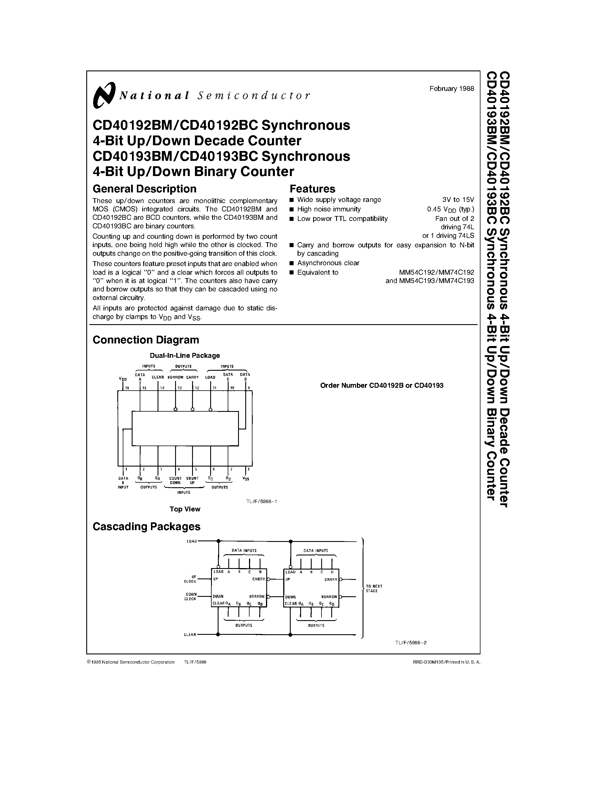 Datasheet CD40192 - Synchronous 4-Bit Up/Down Decade Counter page 1