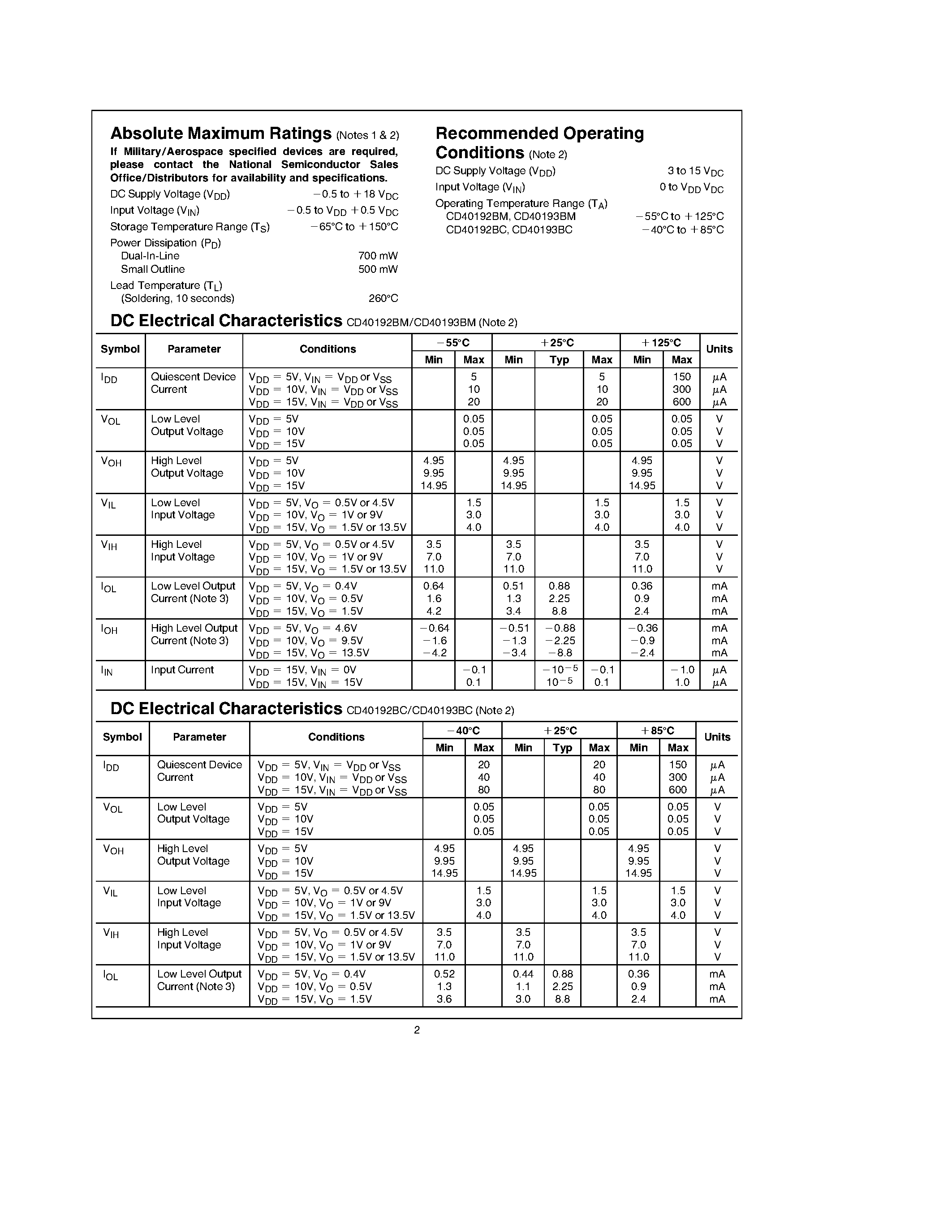 Datasheet CD40192 - Synchronous 4-Bit Up/Down Decade Counter page 2