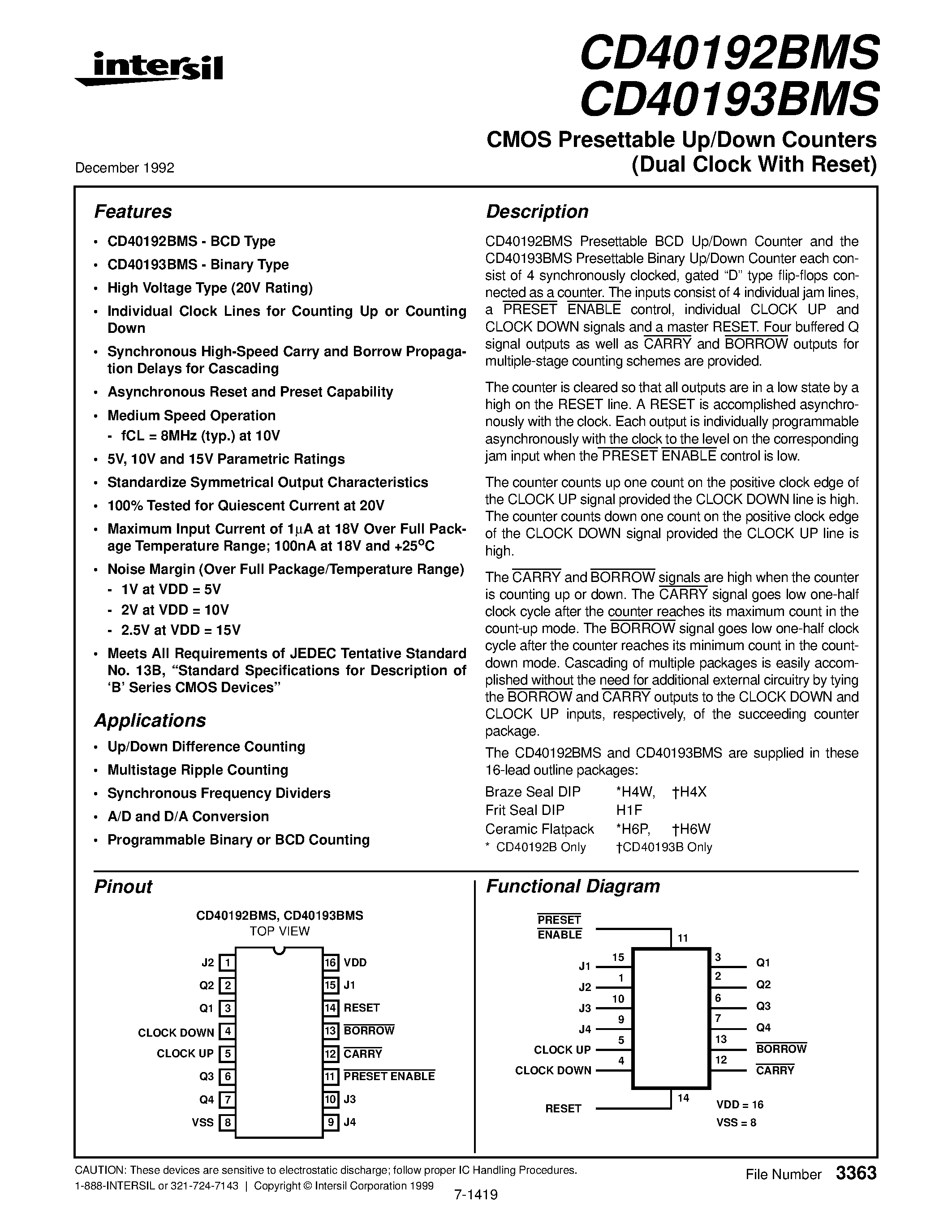 Datasheet CD40192 - CMOS Presettable Up/Down Counters (Dual Clock With Reset) page 1