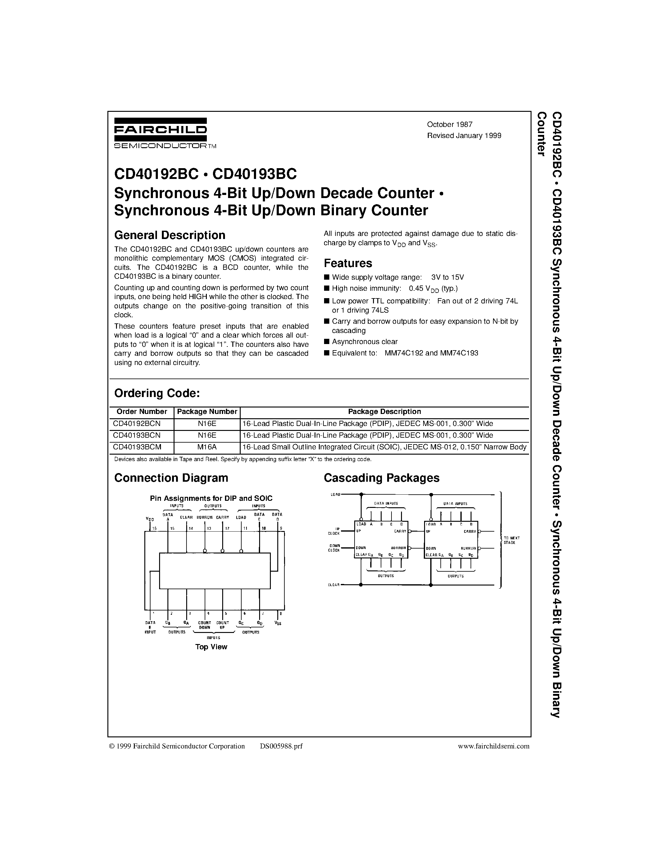 Datasheet CD40192BC - Synchronous 4-Bit Up/Down Decade Counter . Synchronous 4-Bit Up/Down Binary Counter page 1