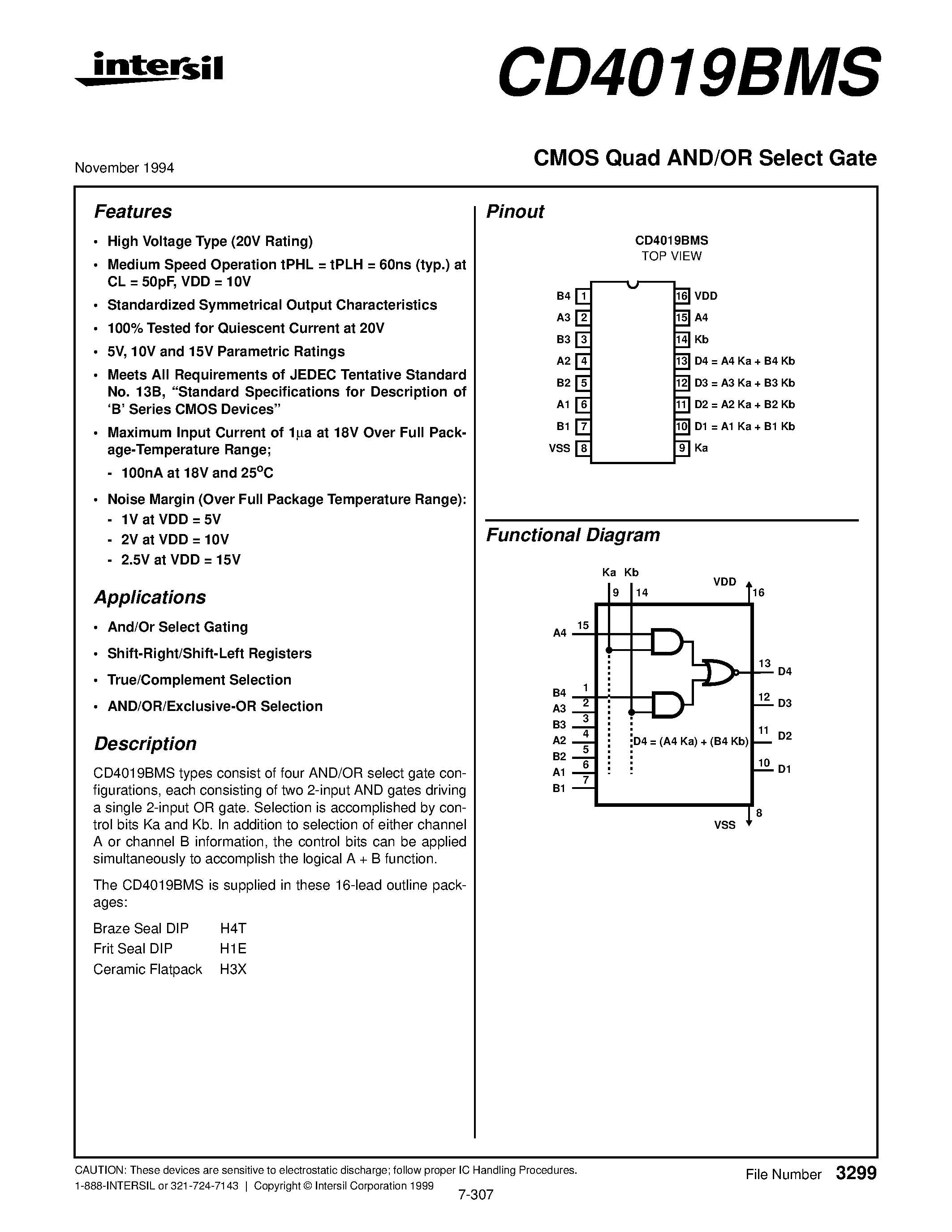 Datasheet CD4019BMS - CMOS Quad AND/OR Select Gate page 1