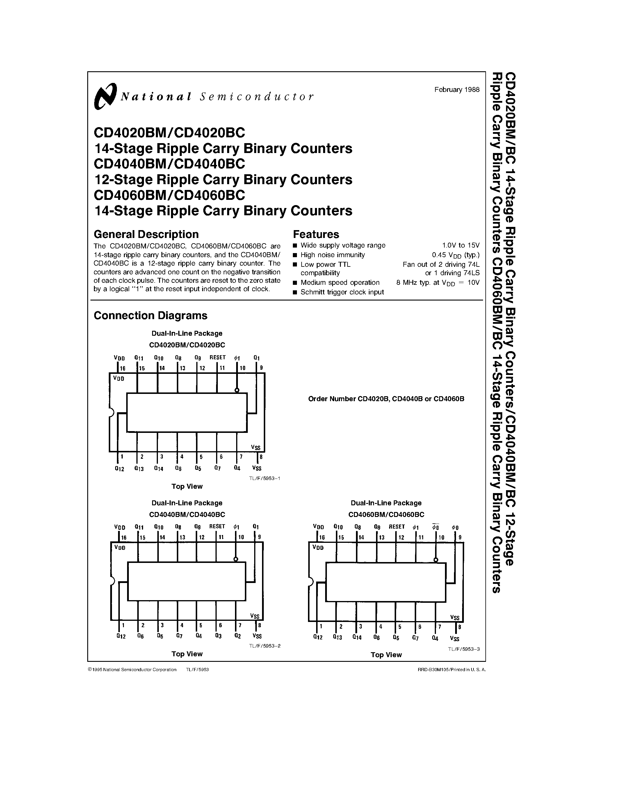 Datasheet CD4020BMN - 14-Stage/ 12-Stage Ripple Carry Binary Counters page 1