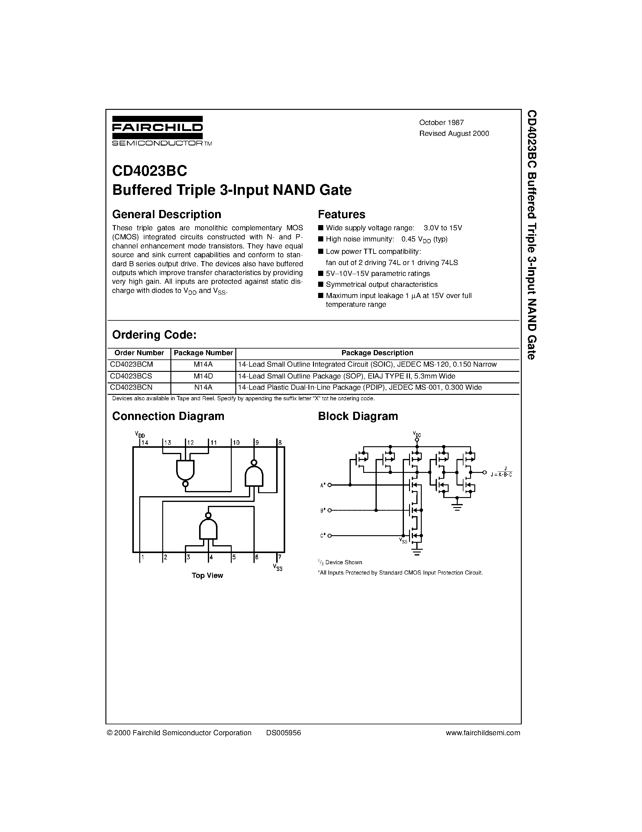 Datasheet CD4023 - Buffered Triple 3-Input NAND Gate page 1