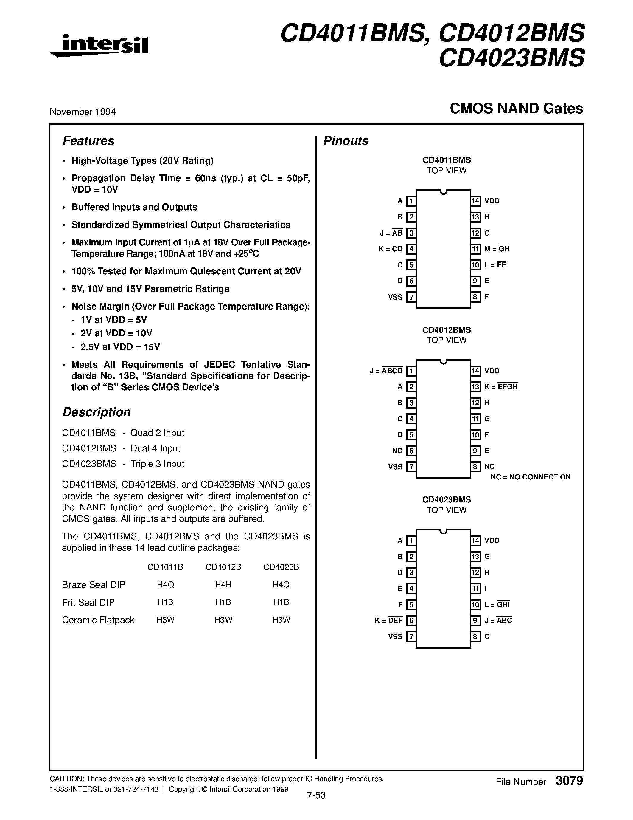 Datasheet CD4023 - CMOS NAND Gates page 1