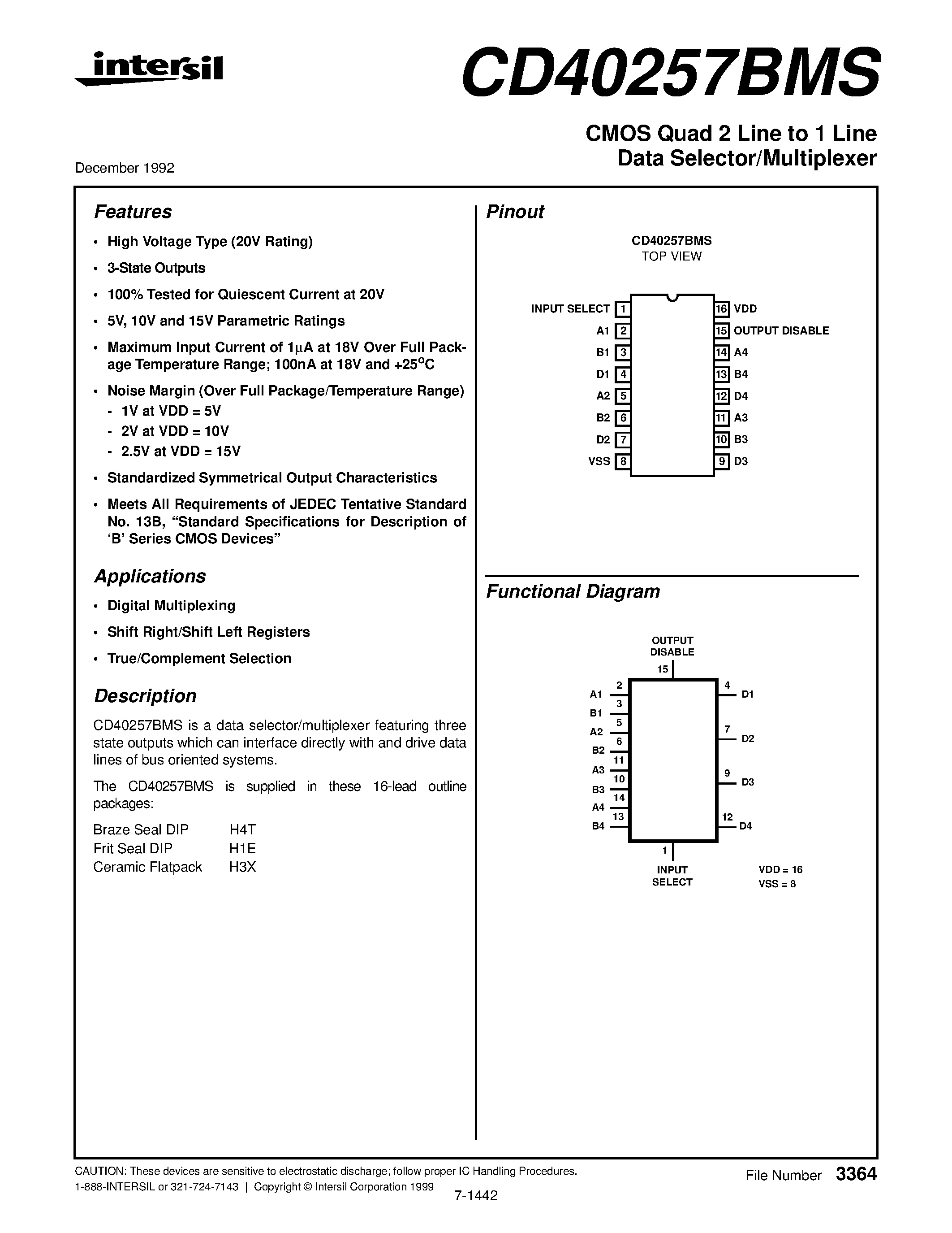 Datasheet CD4025 - CMOS Quad 2 Line to 1 Line Data Selector/Multiplexer page 1