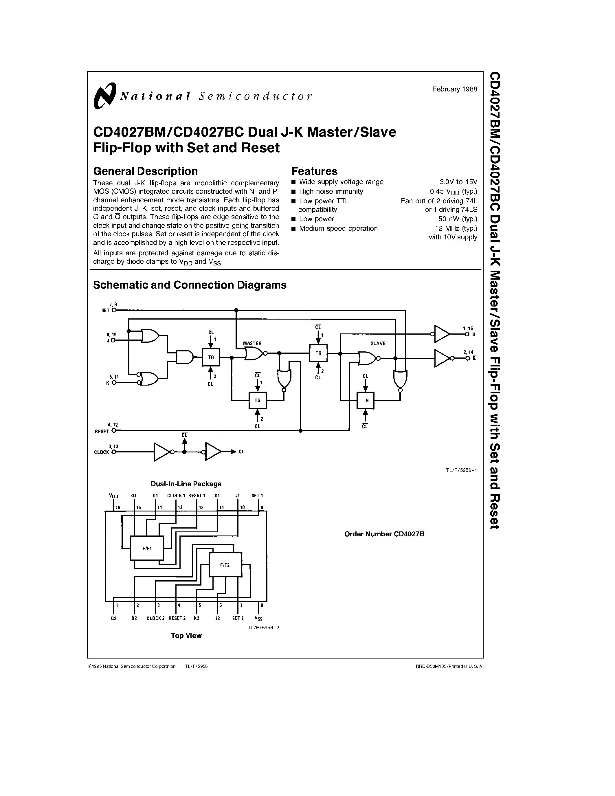 Datasheet CD4027BC - Dual J-K Master/Slave Flip-Flop with Set and Reset page 1