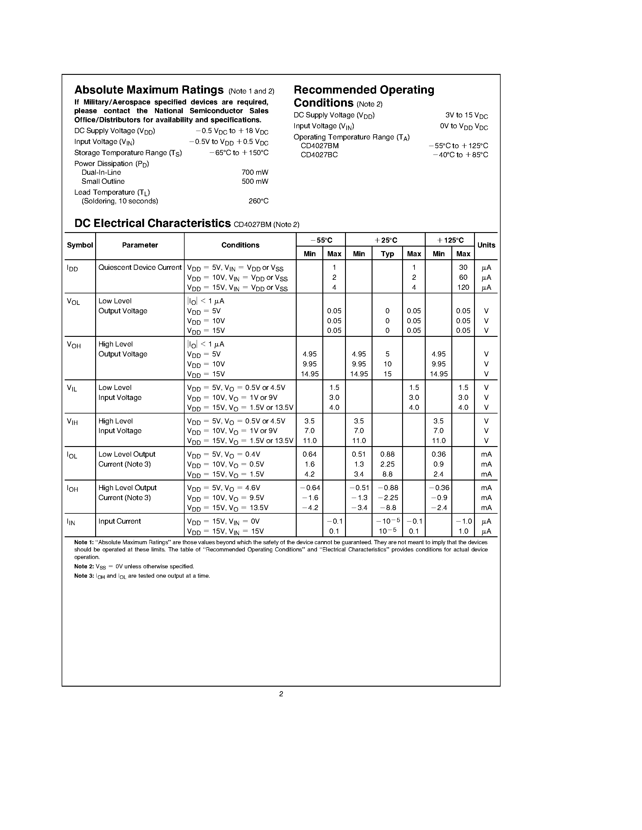 Datasheet CD4027BC - Dual J-K Master/Slave Flip-Flop with Set and Reset page 2