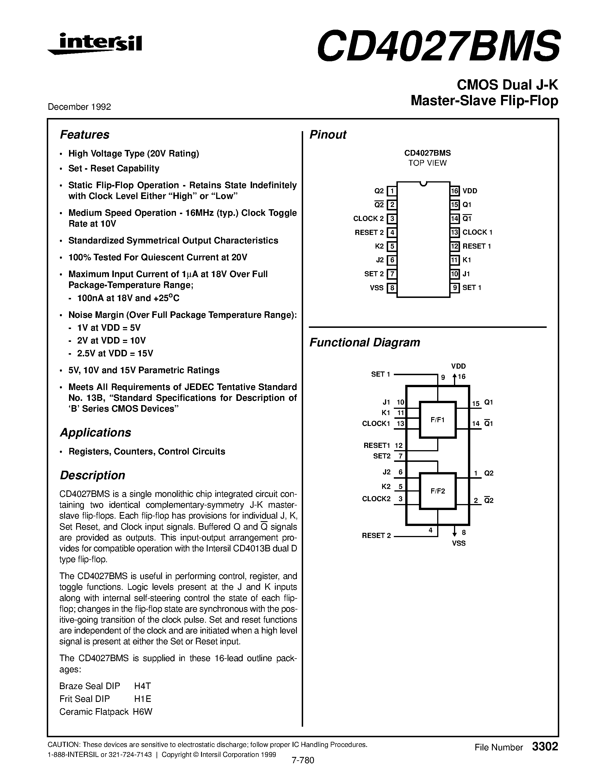 Datasheet CD4027BMS - CMOS Dual J-K Master-Slave Flip-Flop page 1