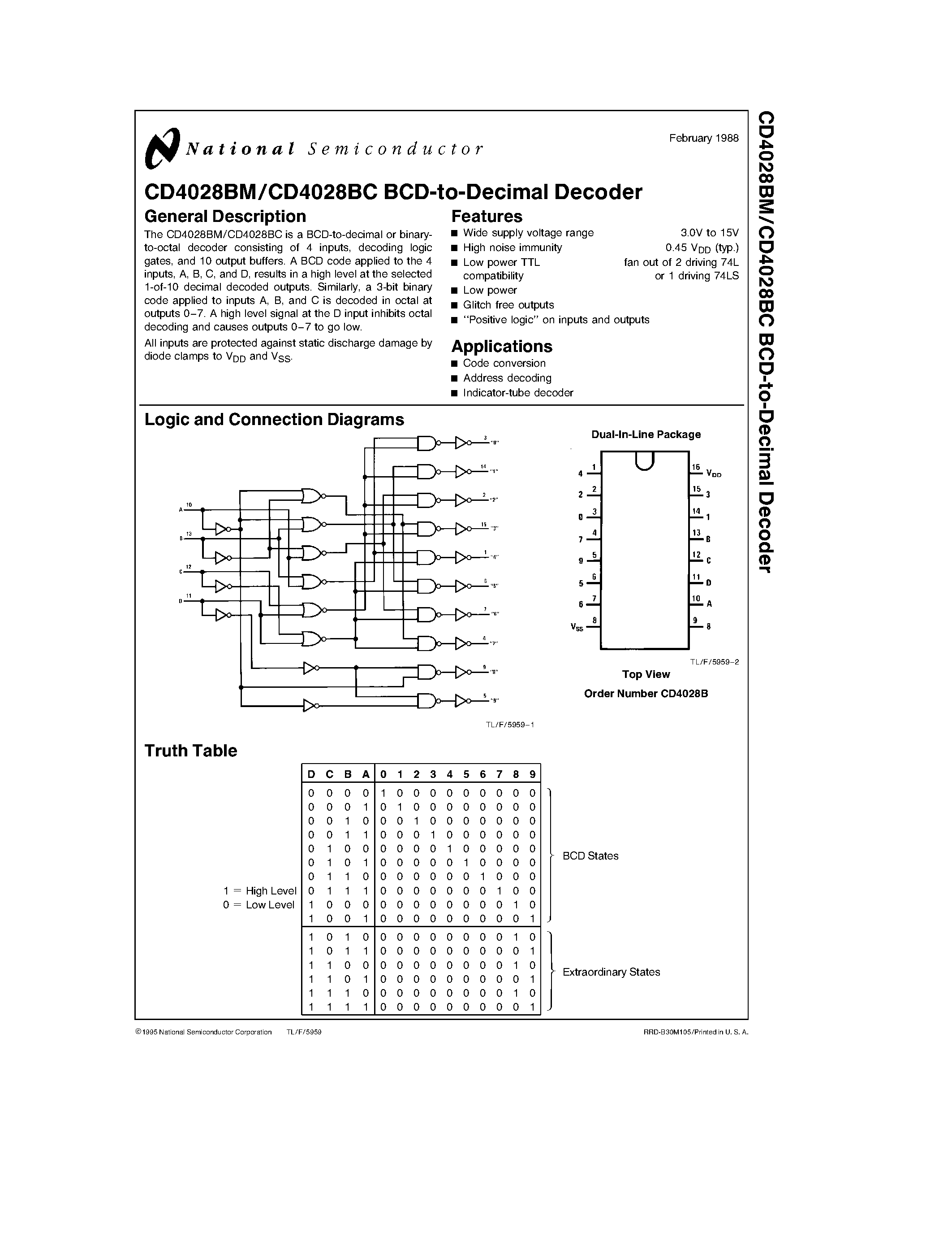 Datasheet CD4028 - BCD-to-Decimal Decoder page 1