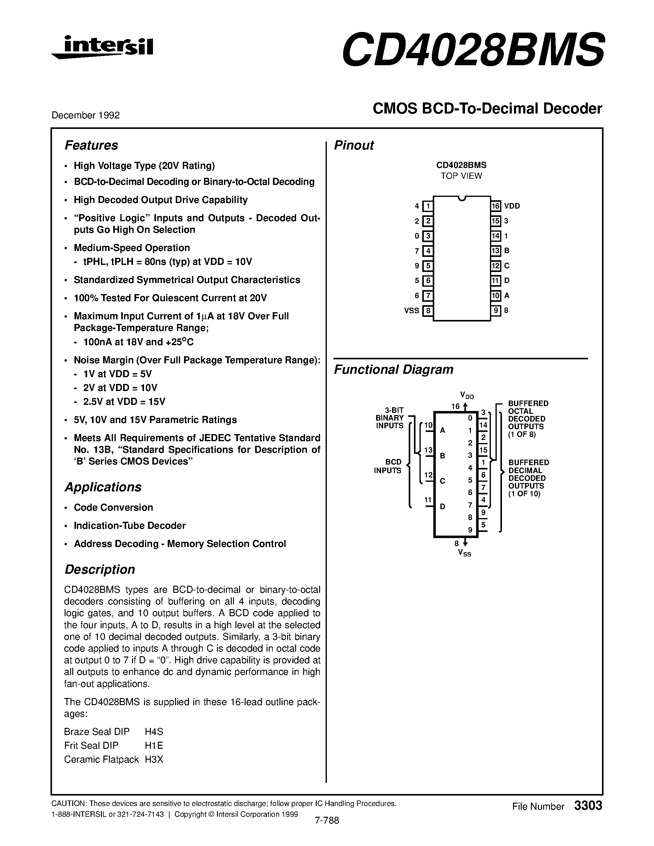 Datasheet CD4028 - CMOS BCD-To-Decimal Decoder page 1