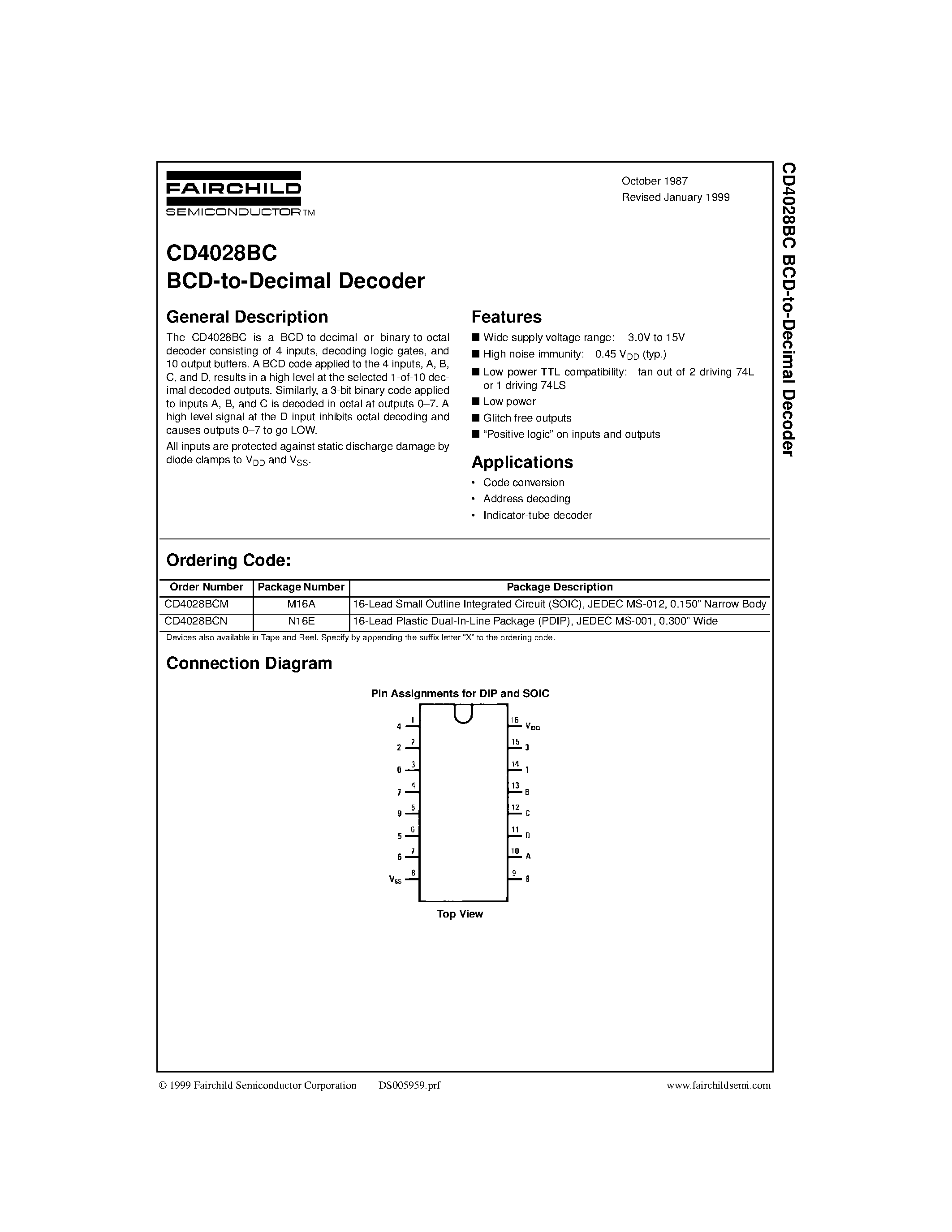 Datasheet CD4028BC - BCD-to-Decimal Decoder page 1