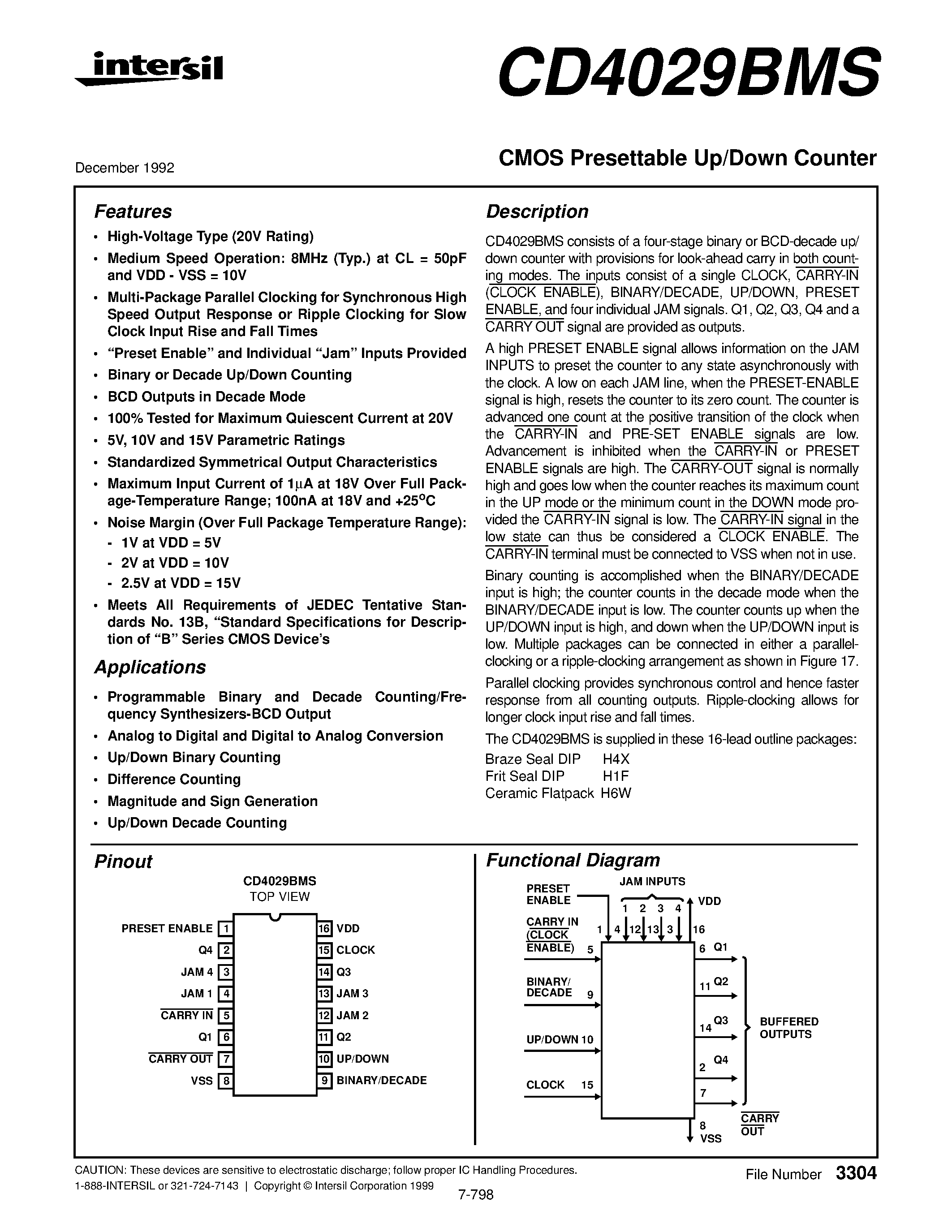 Datasheet CD4029 - CMOS Presettable Up/Down Counter page 1