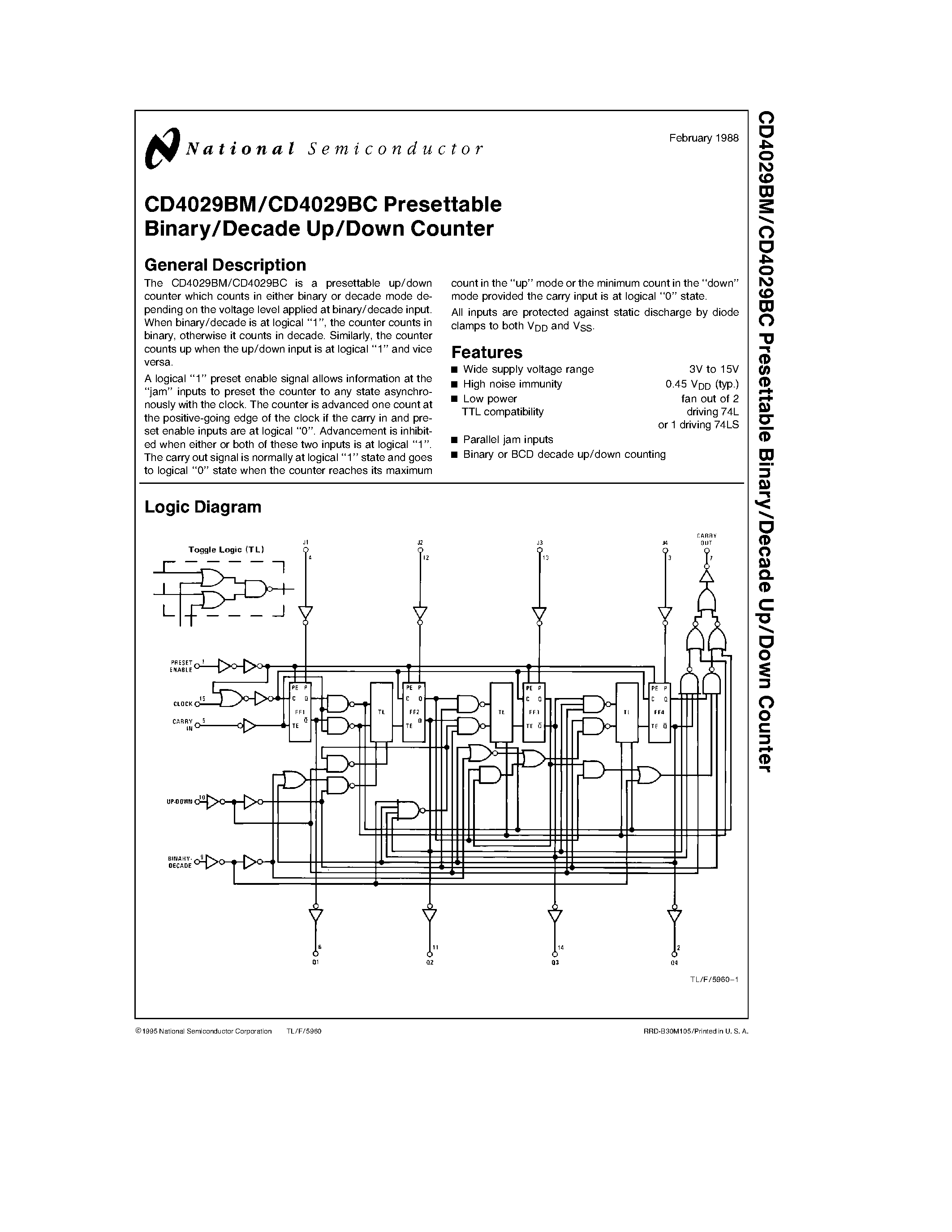 Datasheet CD4029 - Presettable Binary/Decade Up/Down Counter page 1