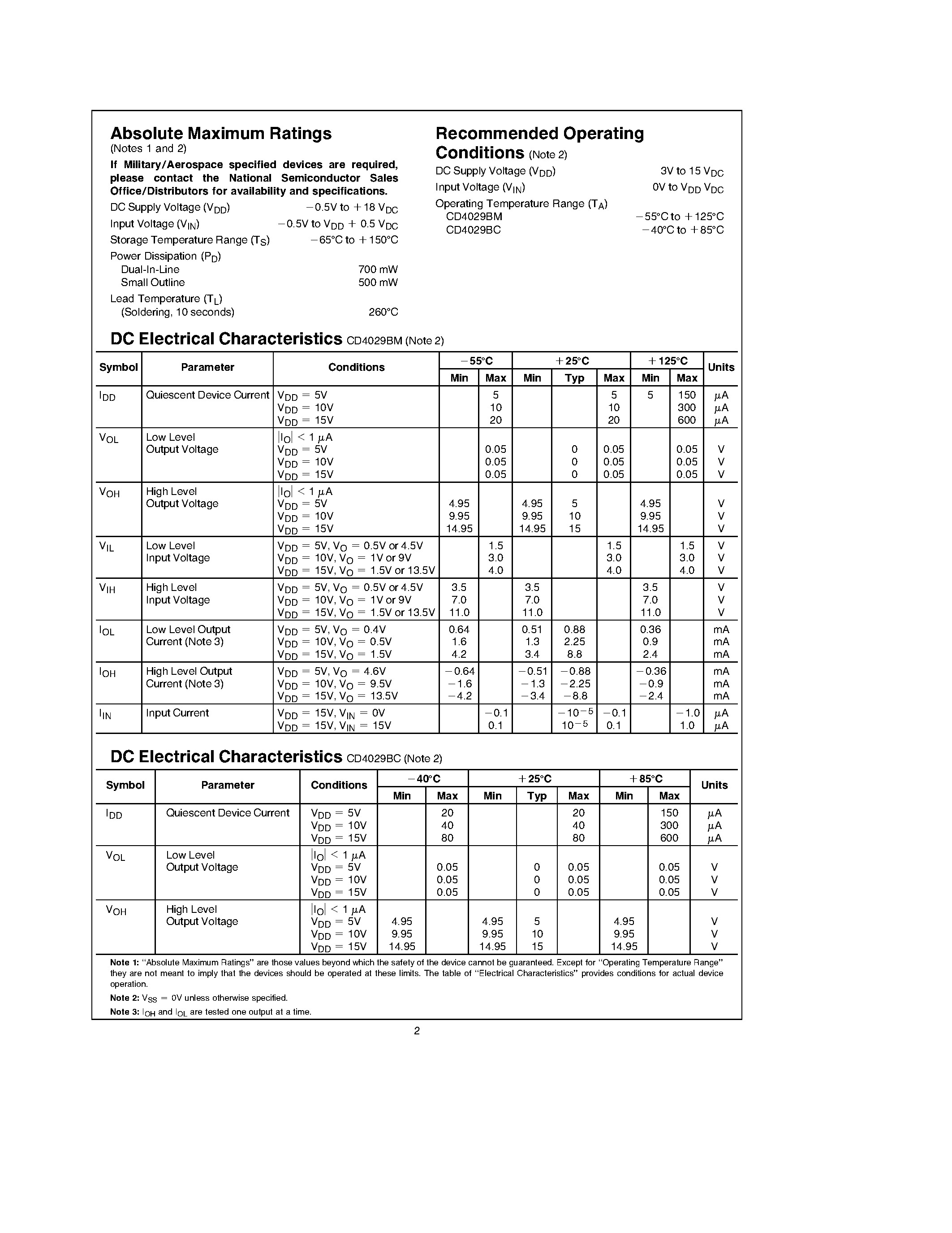 Datasheet CD4029 - Presettable Binary/Decade Up/Down Counter page 2