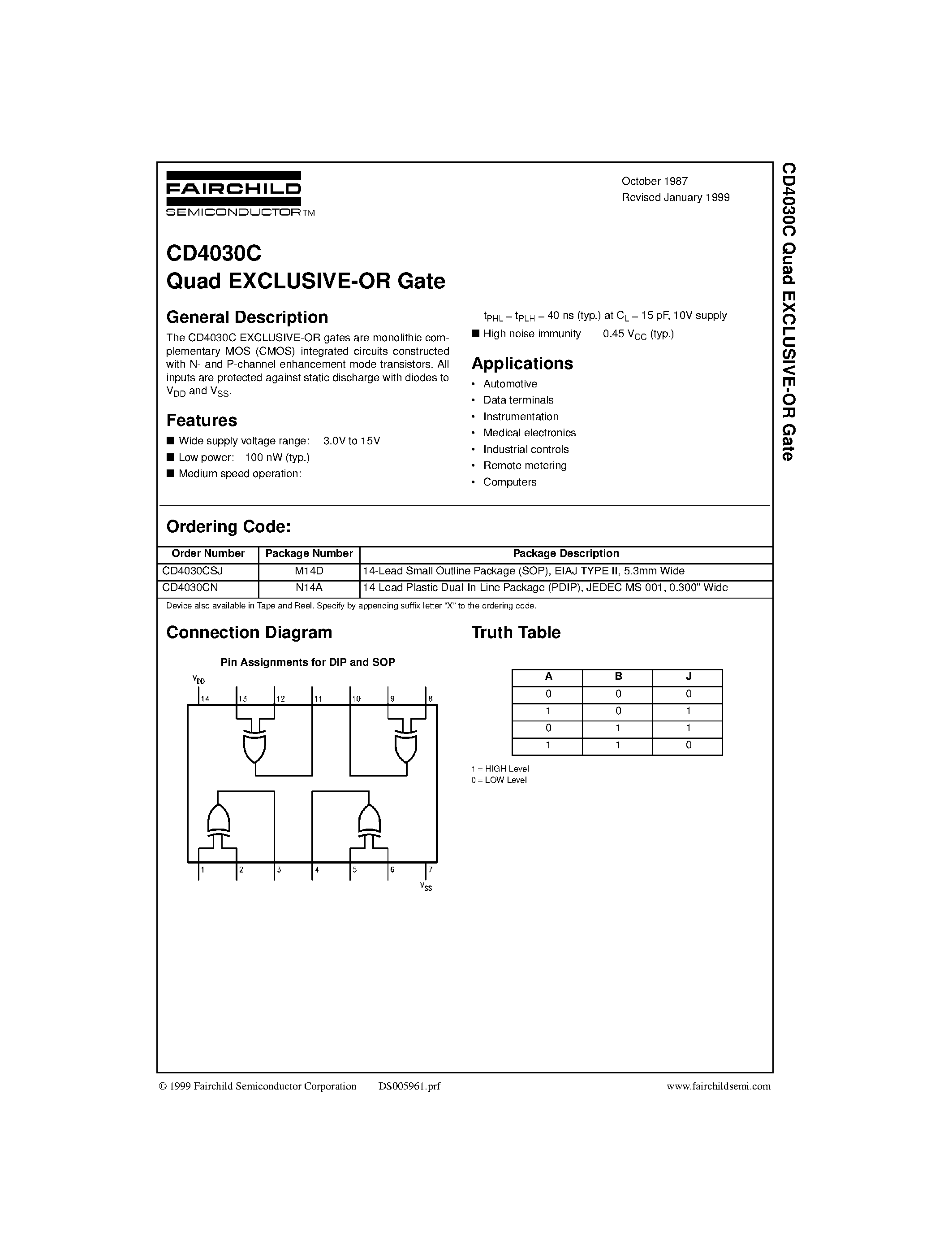 Datasheet CD4030 - Quad EXCLUSIVE-OR Gate page 1